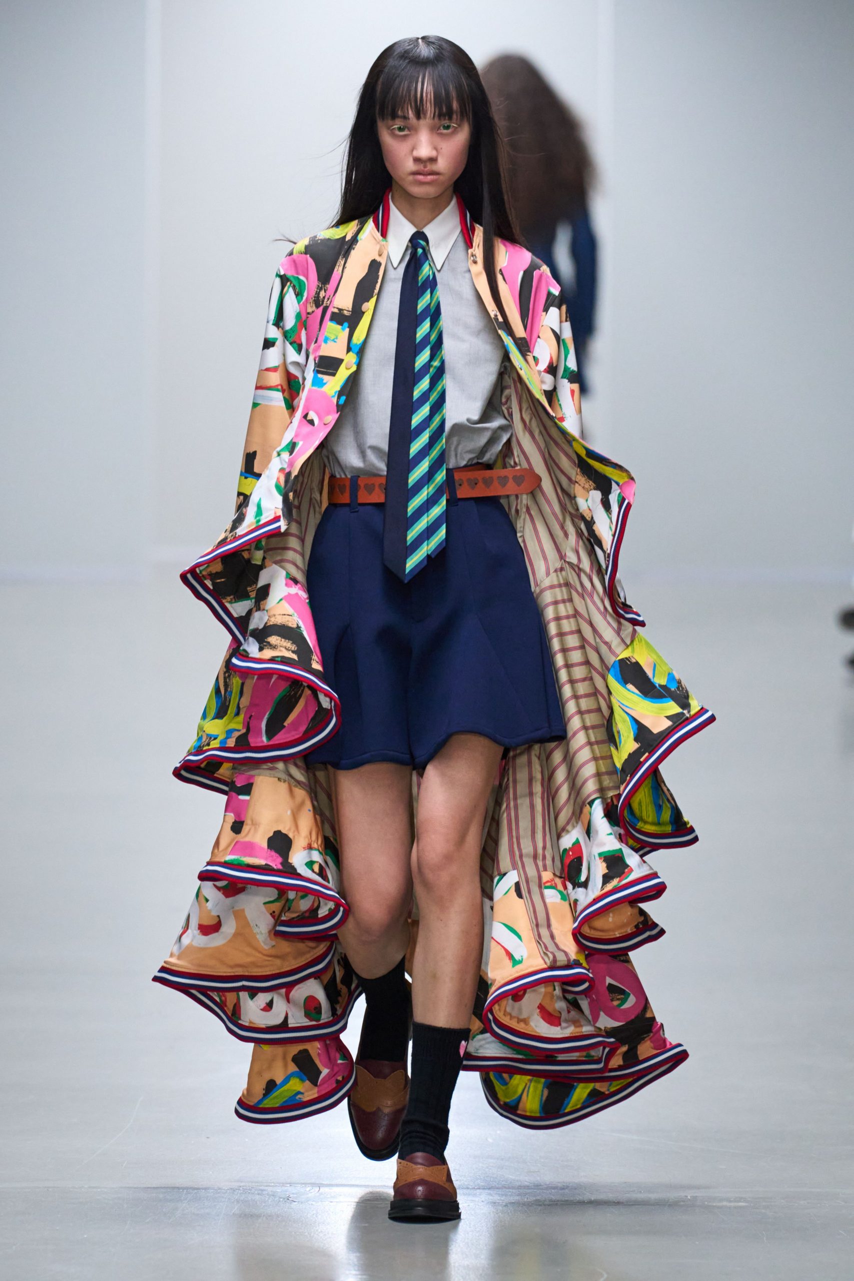 multi silk long-sleeve relaxed layered fringed maxi coat