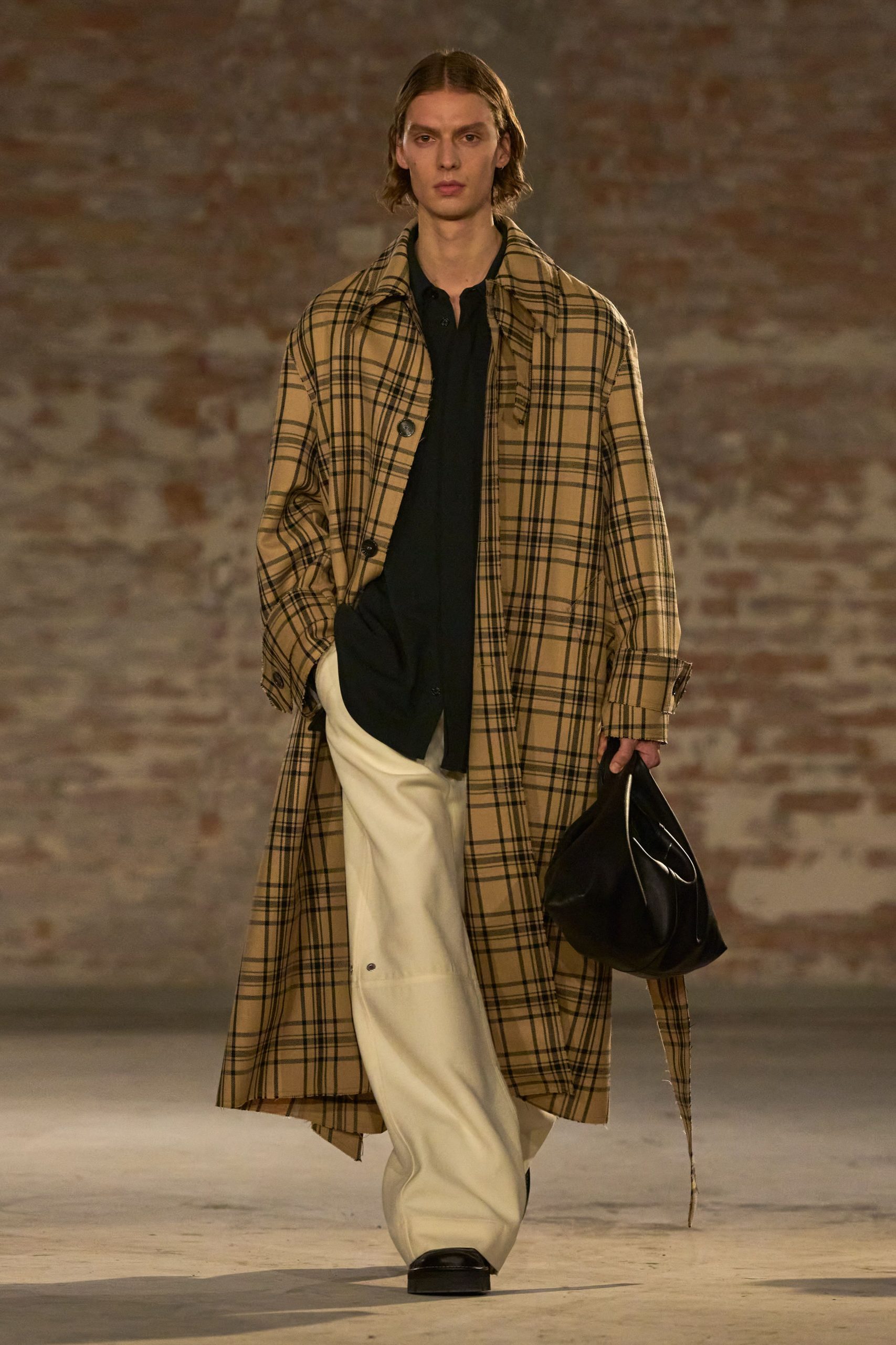 beige checked coat with black shirt