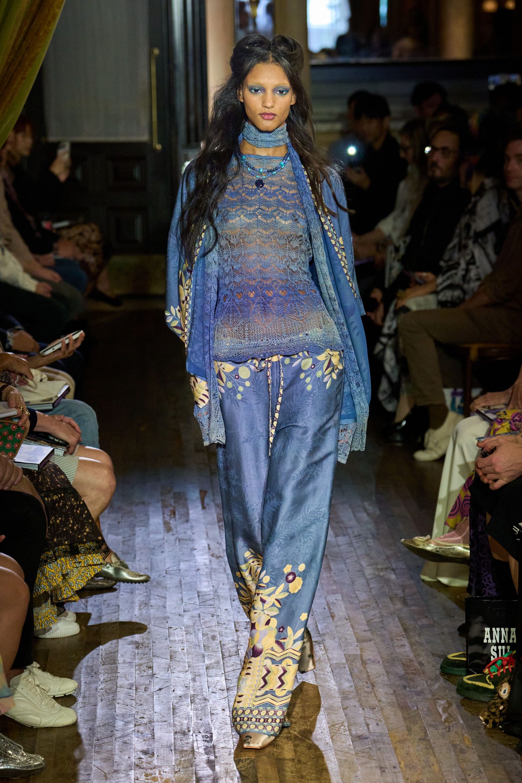 blue lace top with flared pants