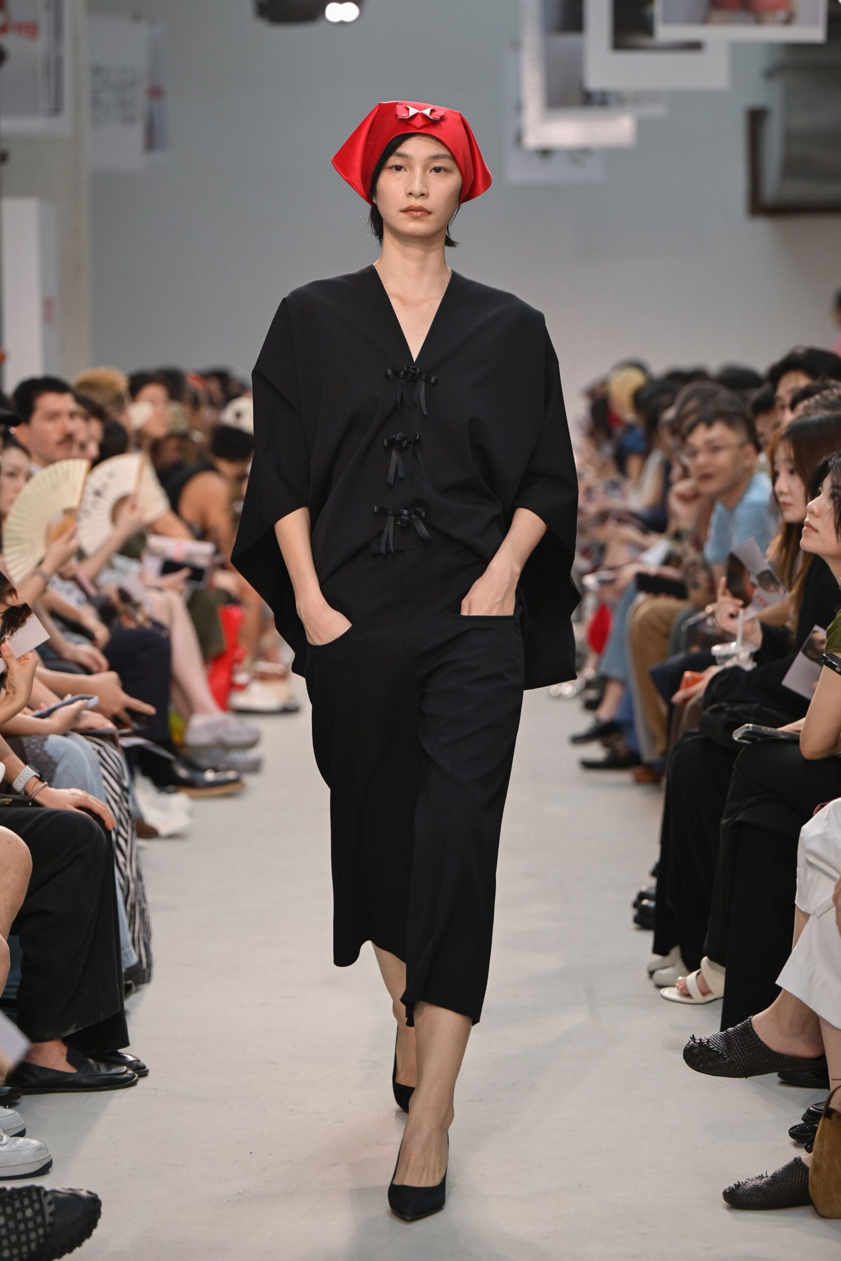 black midi dress with red hat