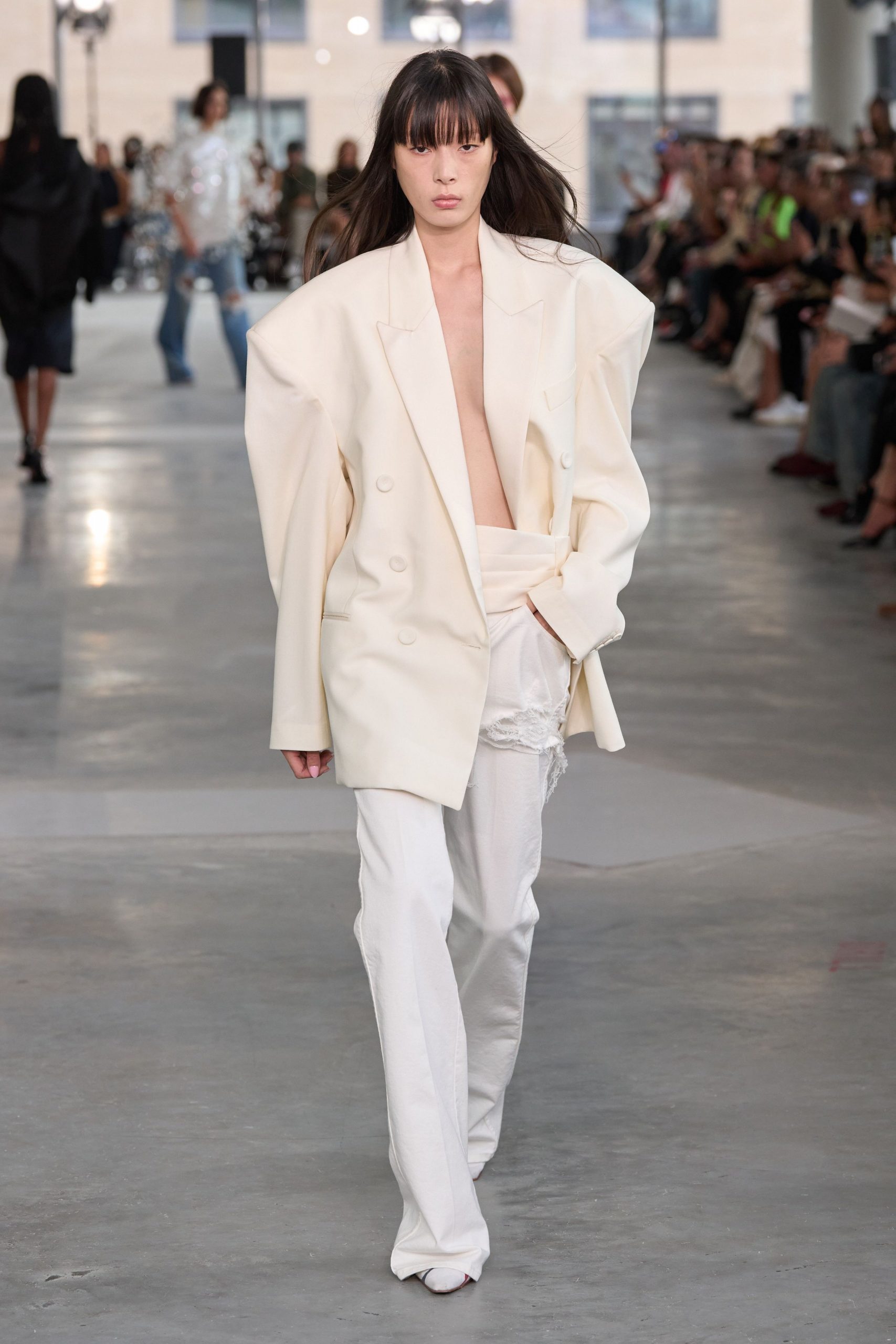 white oversized blazer with fitted pants