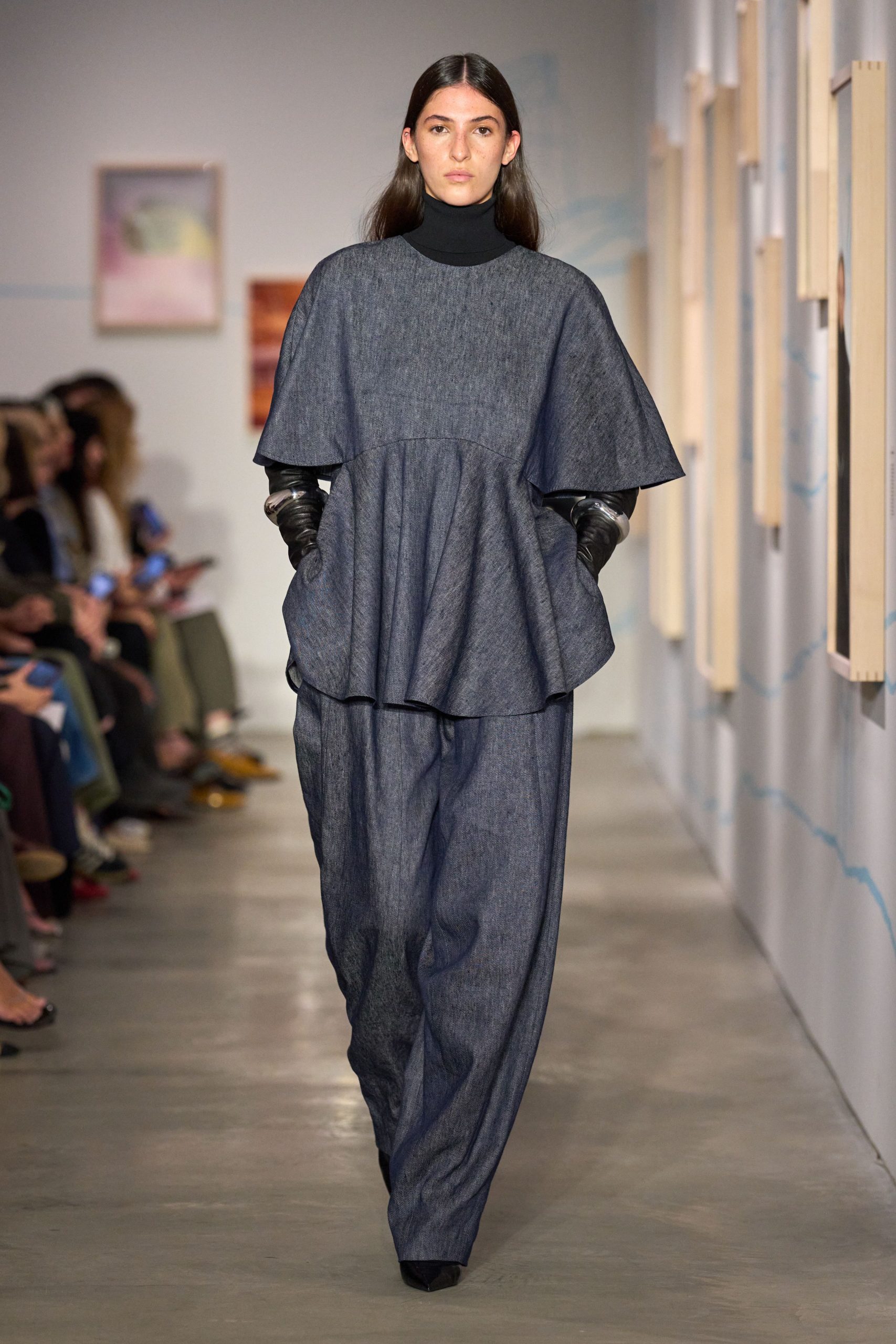 blue denim long-sleeve high-neck relaxed pleated top