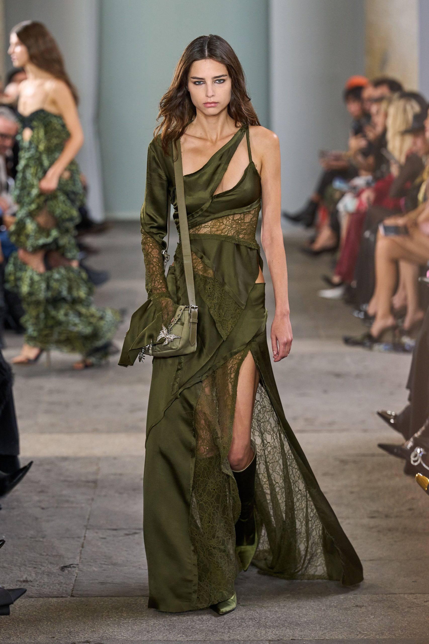 green silk sleeveless cutout fitted draped sheer gown