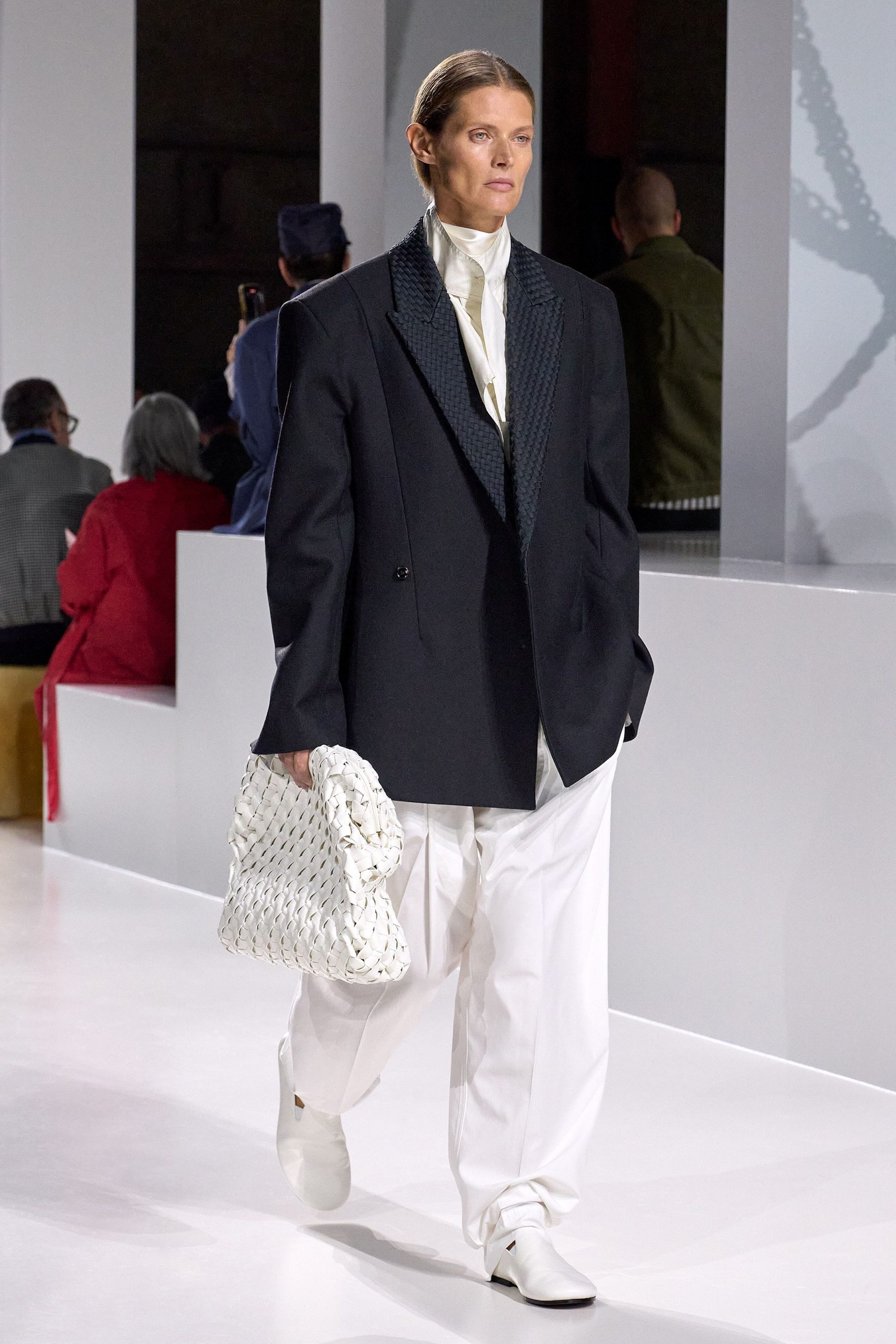 black blazer white shirt wide-leg pants