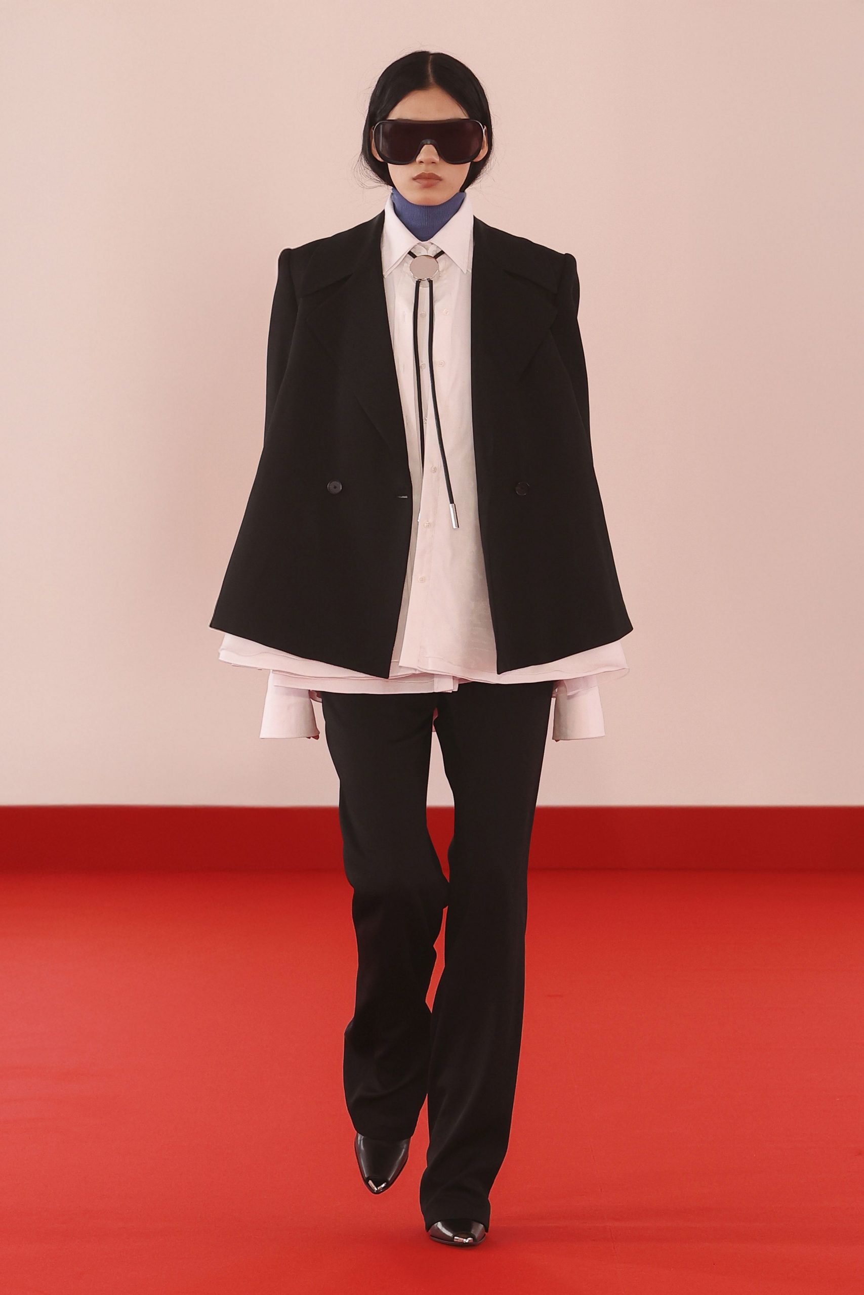 black wool long-sleeve structured buttoned cape