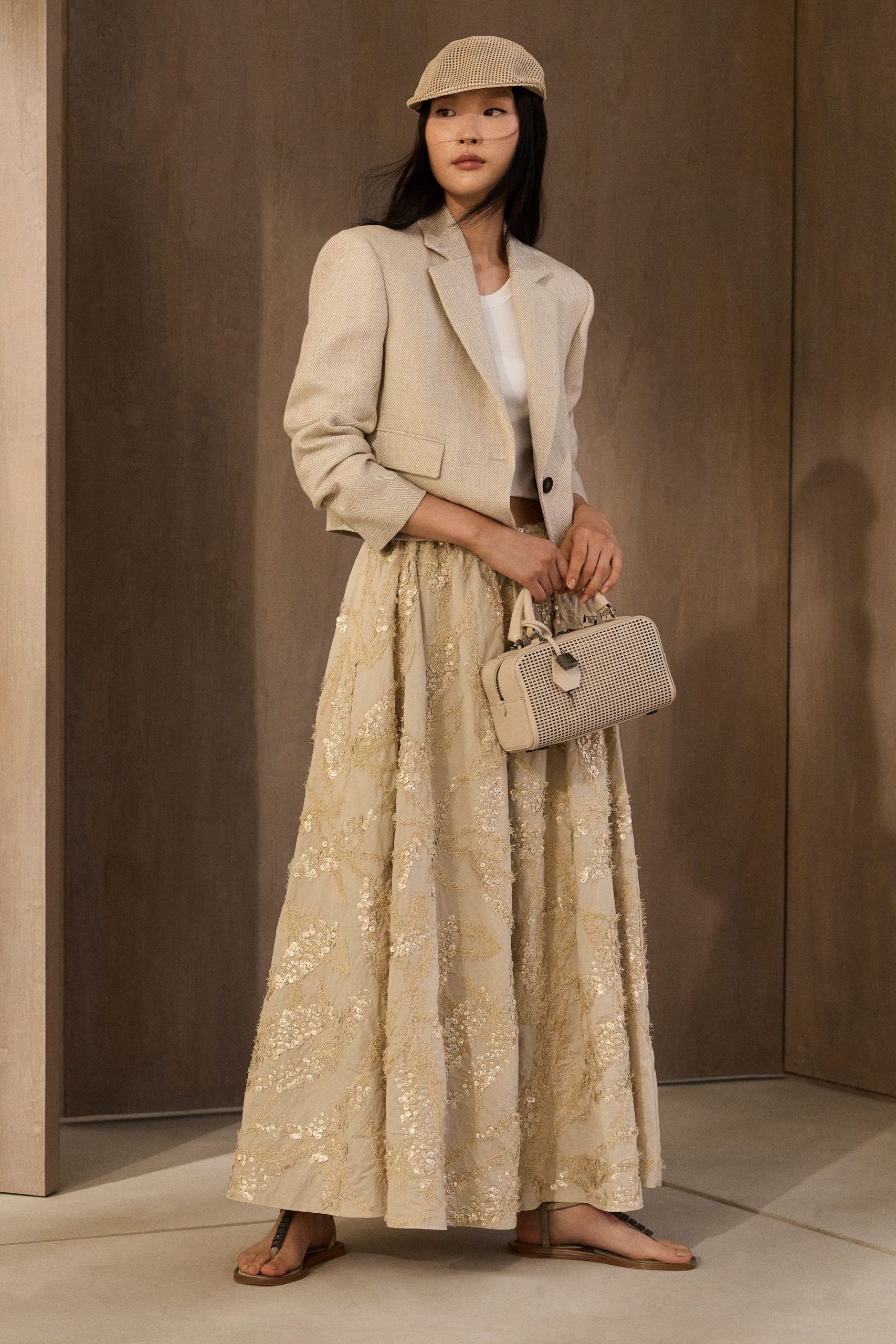 beige blazer white top maxi skirt