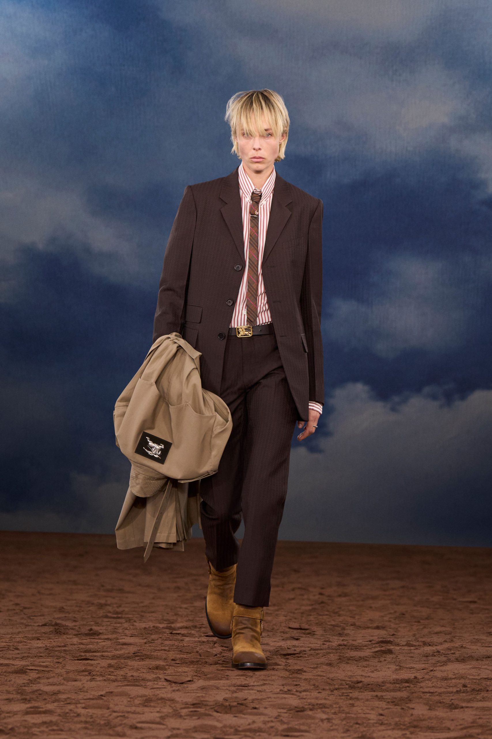 brown tailored suit with boots
