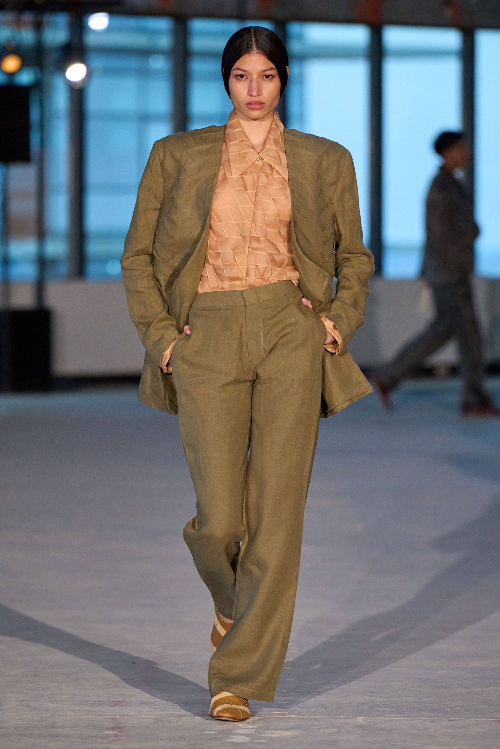 green linen blazer and pants