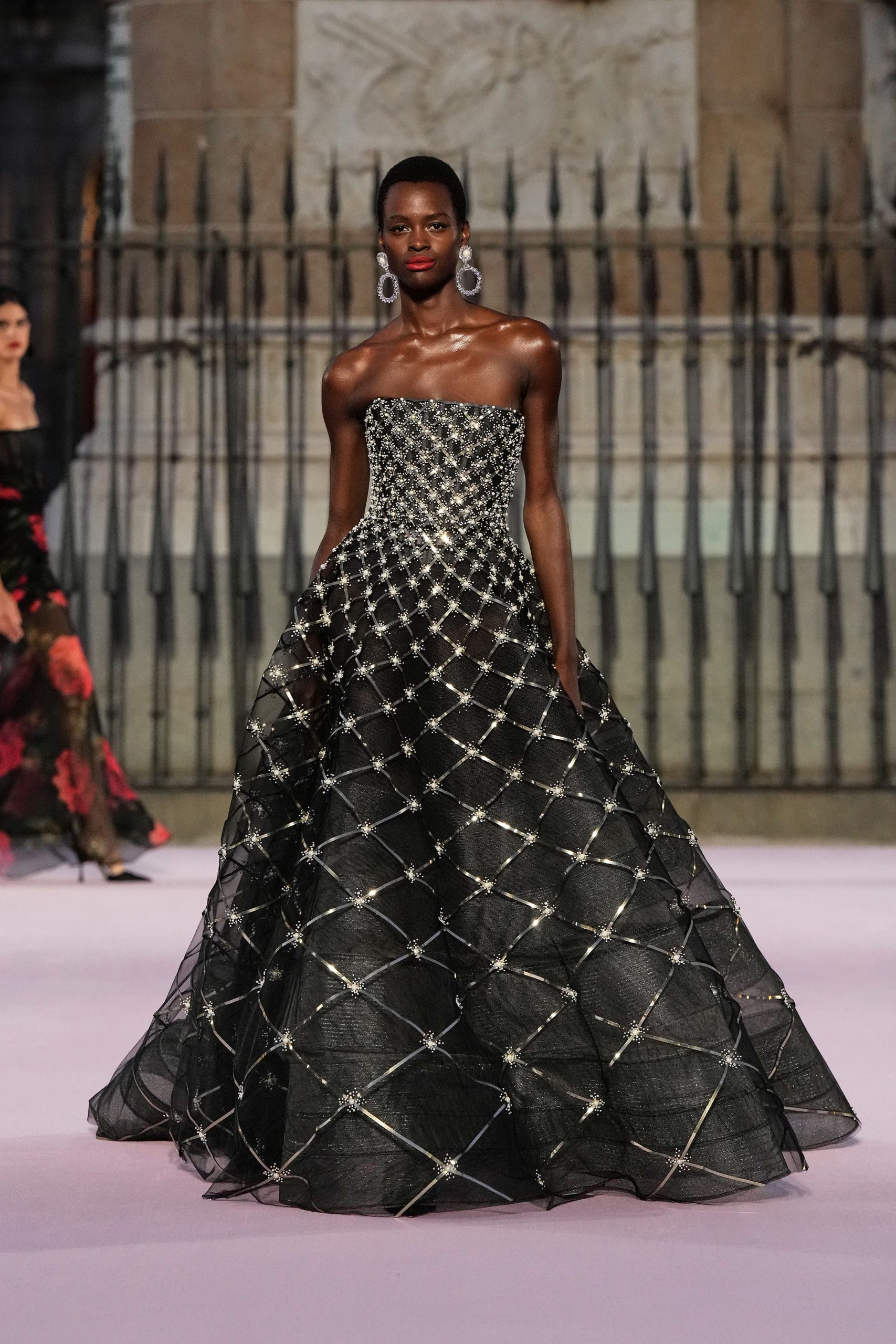 black strapless embroidered gown