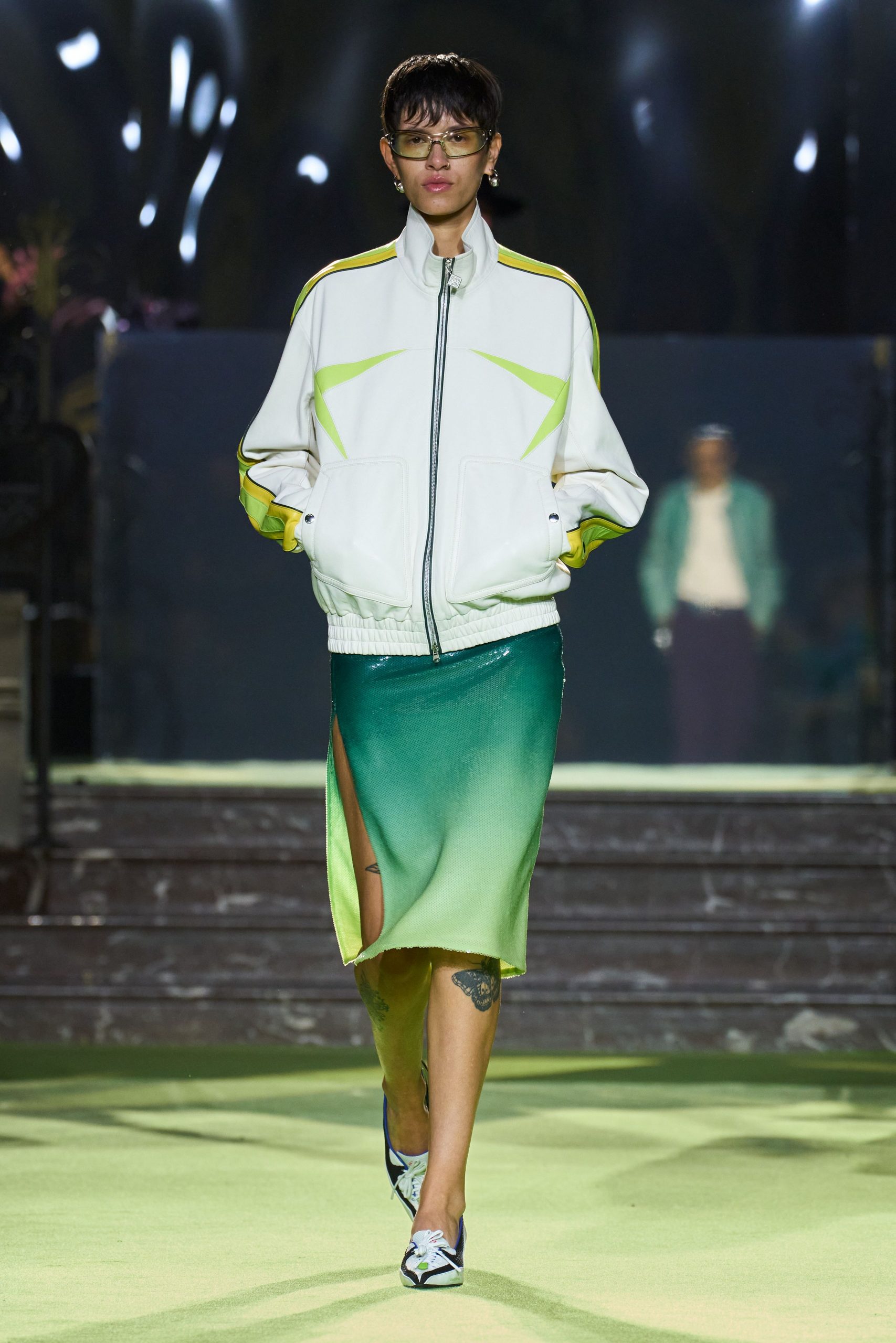 white relaxed jacket green midi skirt