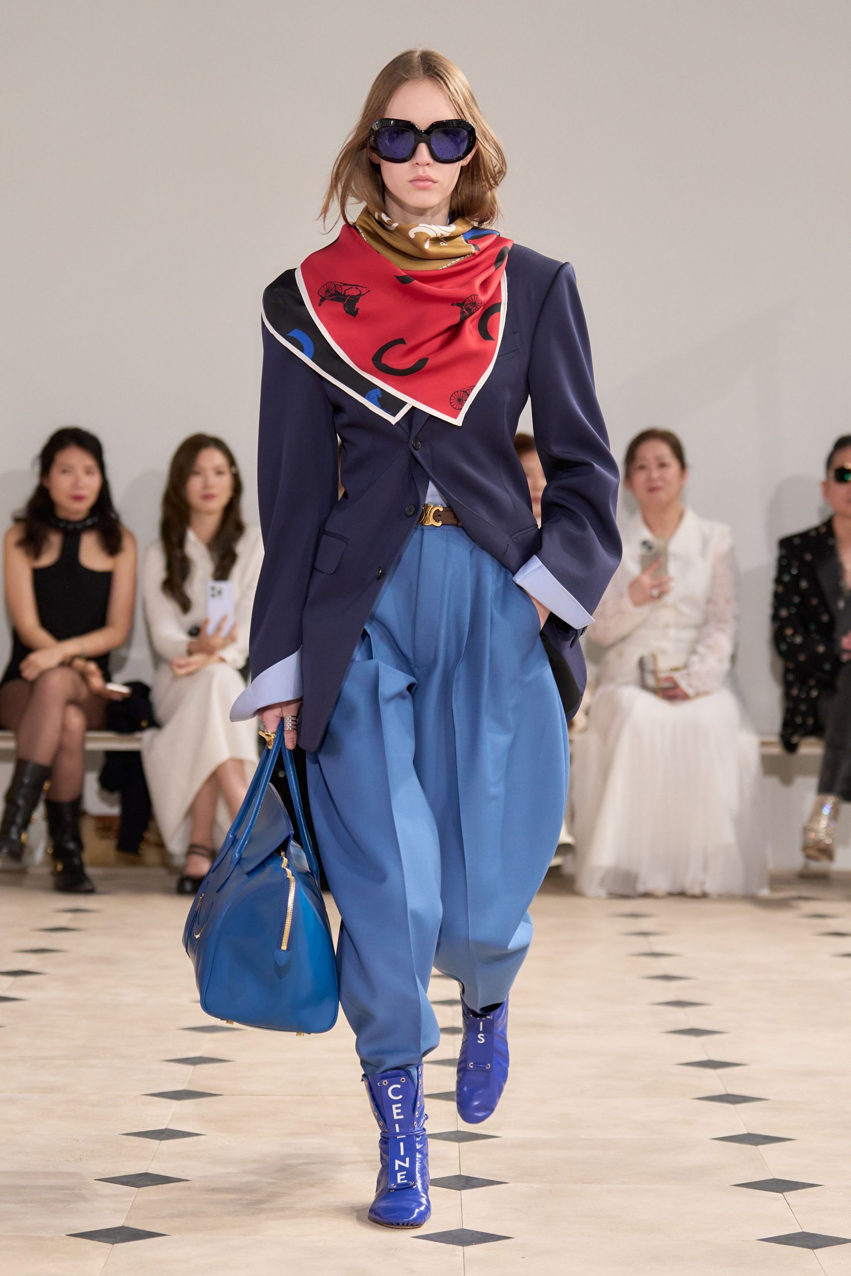blue tailored blazer with relaxed pants