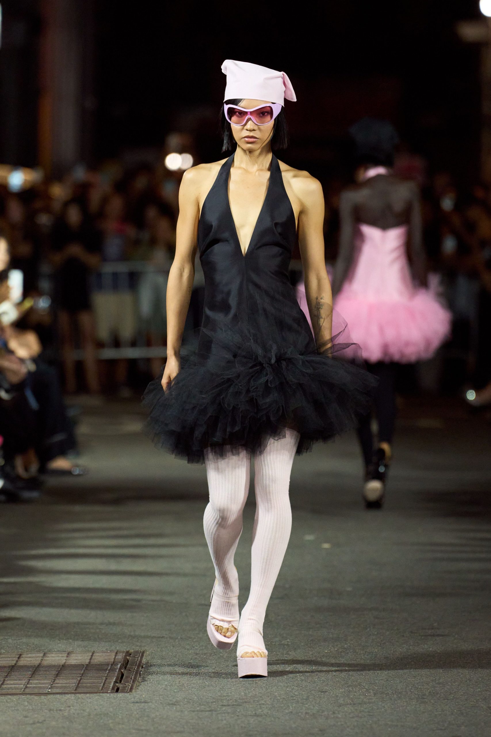 black tulle sleeveless v-neck fitted tiered flowing dress