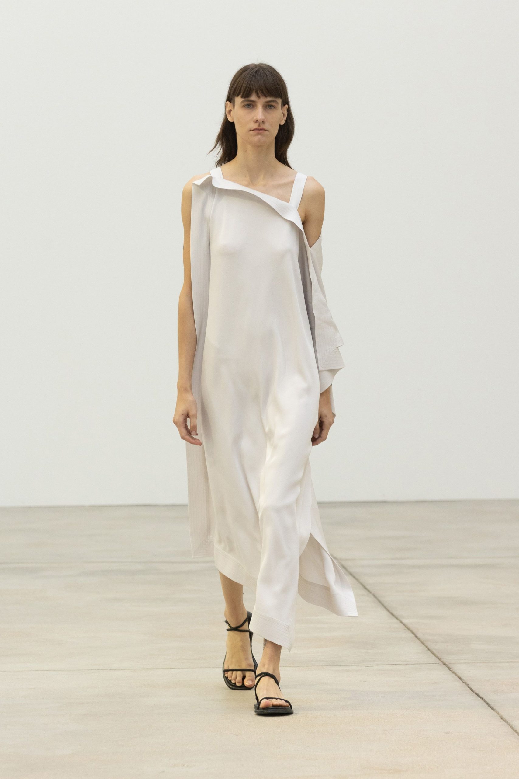 white silk draped midi dress