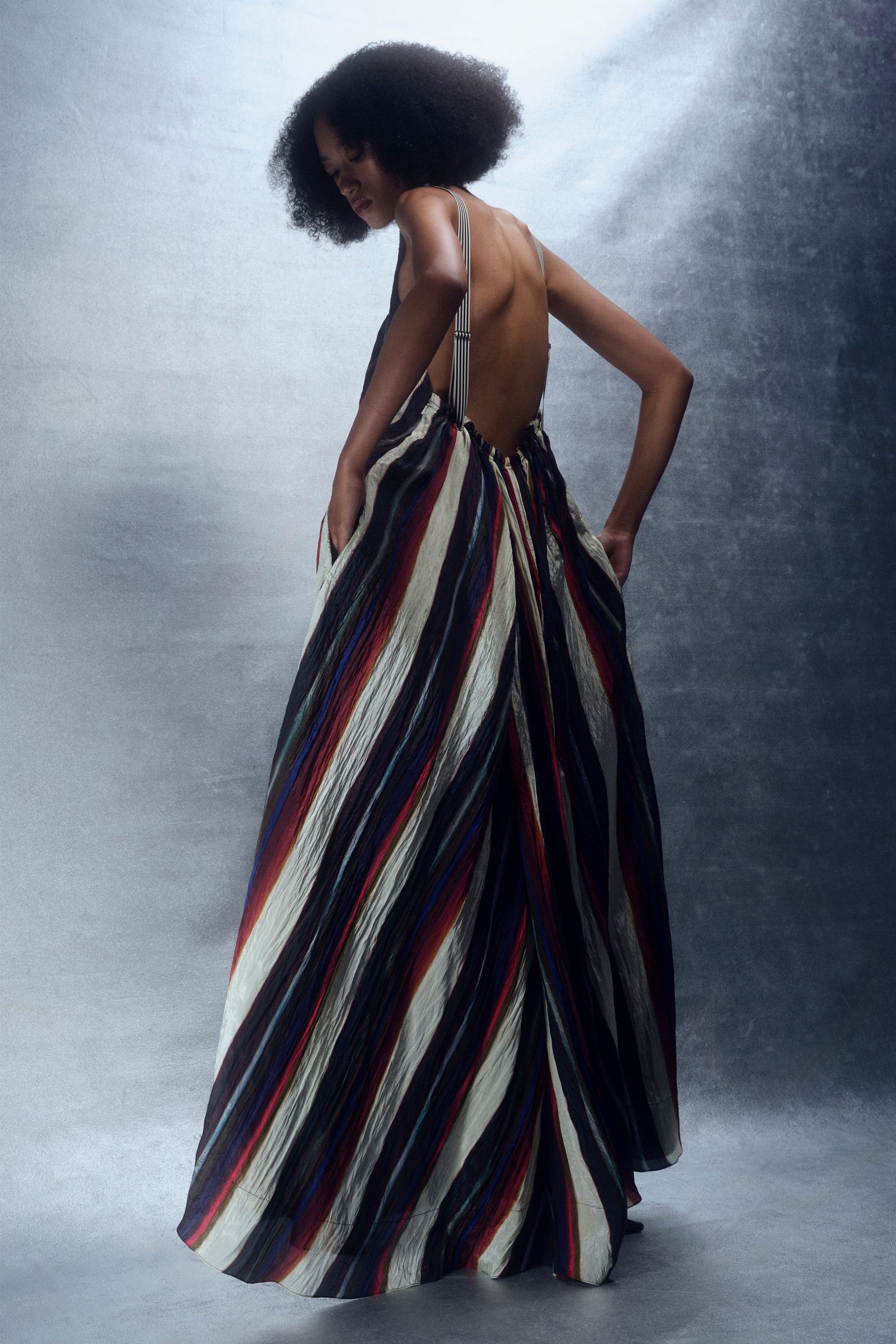 multi-colored silk backless gown