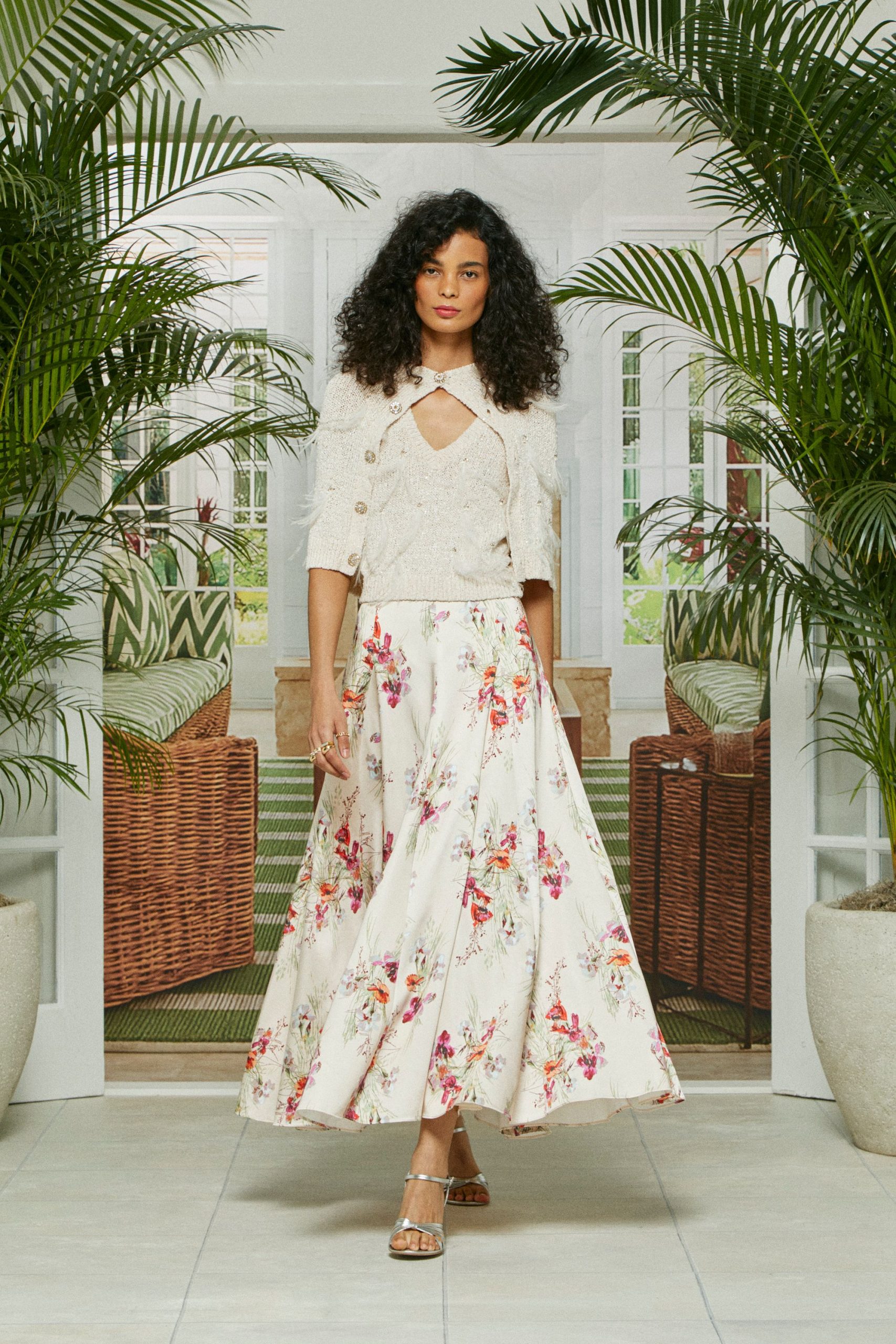 beige silk relaxed floral flared midi skirt