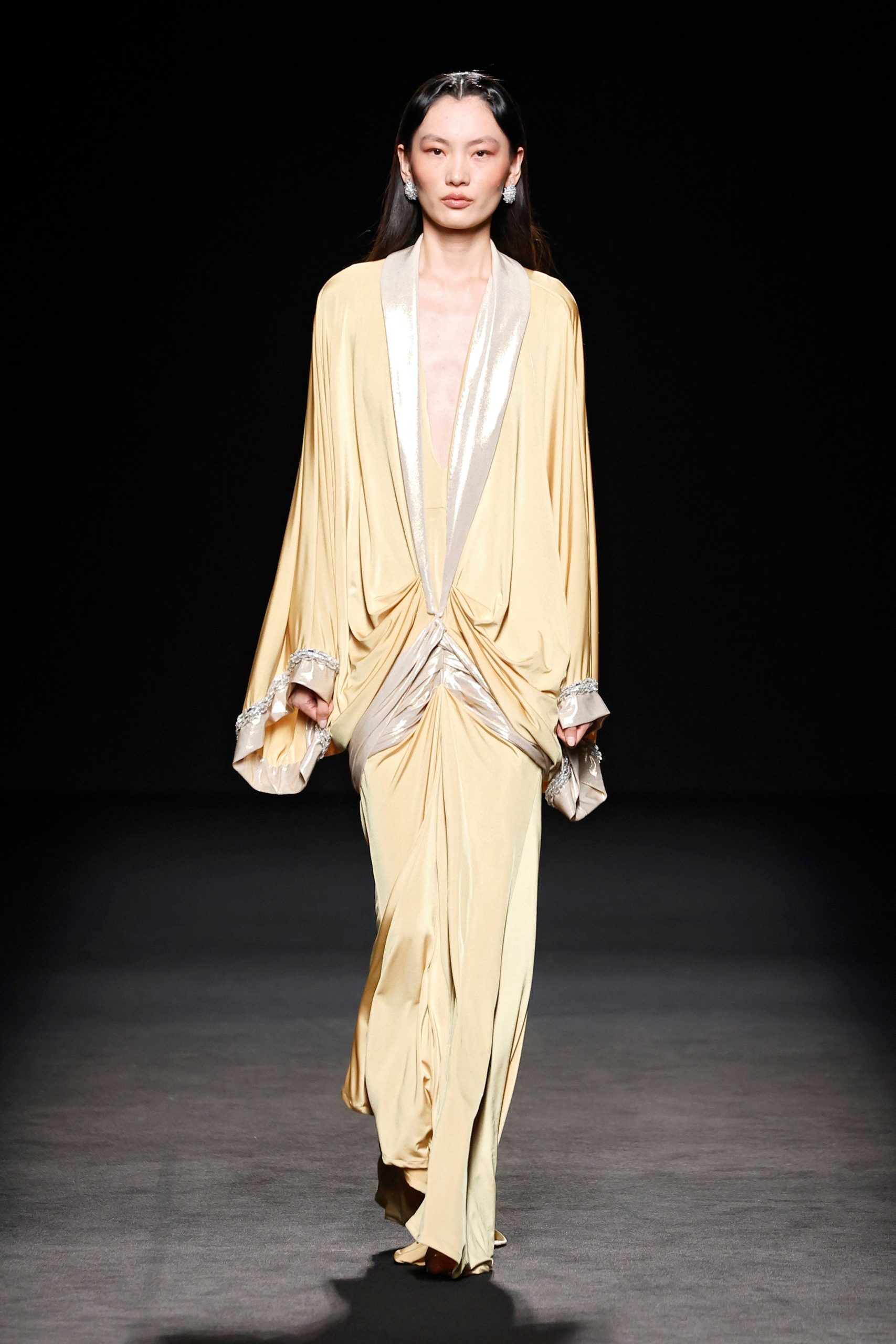 yellow silk flowing gown