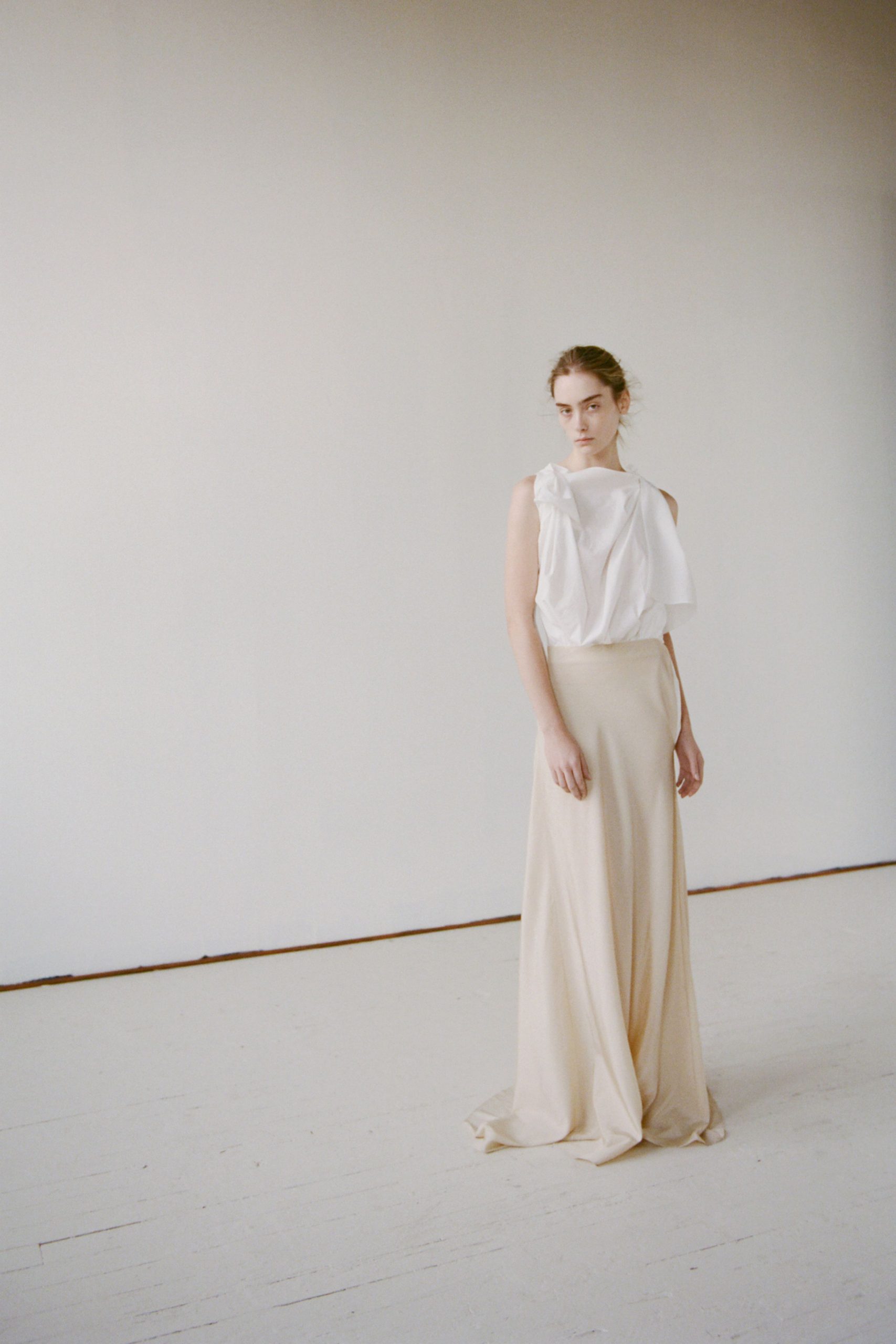 beige silk fitted tiered flowing maxi skirt
