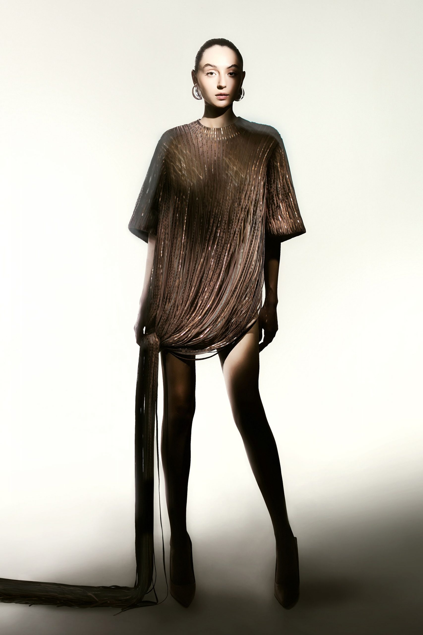 brown silk short-sleeve high-neck fitted pleated draped dress