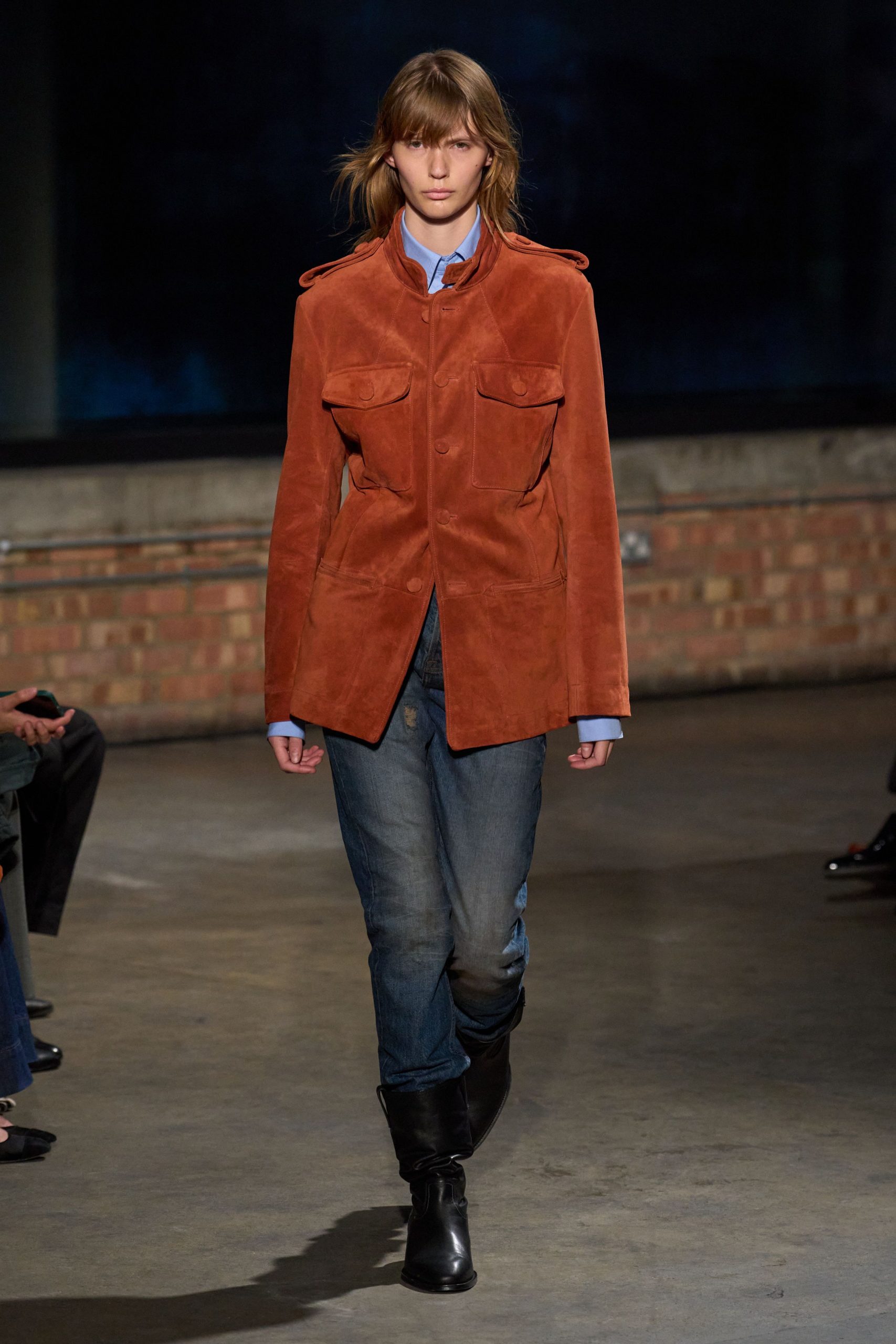 orange suede long-sleeve collared fitted buttoned jacket