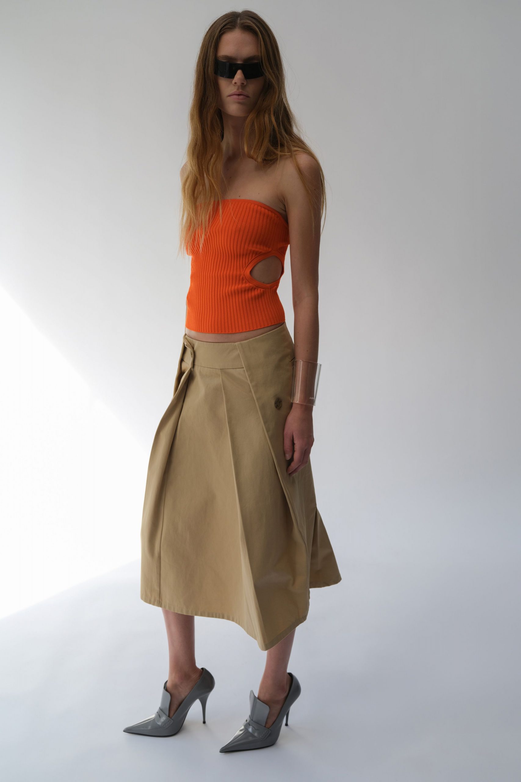orange fitted top beige midi skirt
