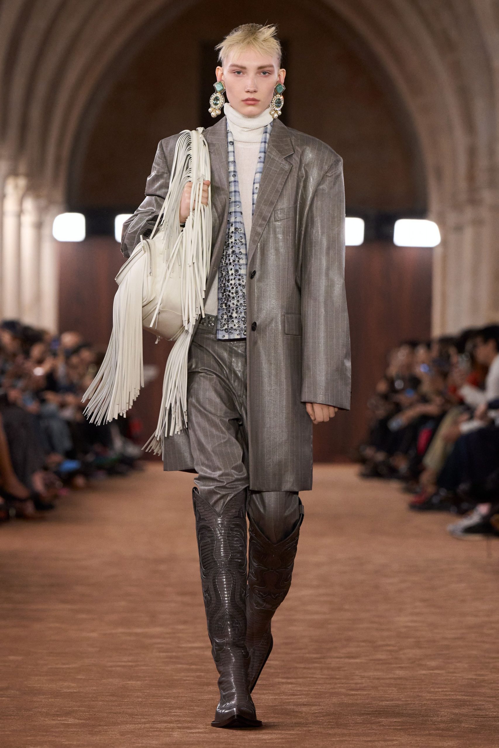 gray silk long-sleeve collared oversized buttoned blazer