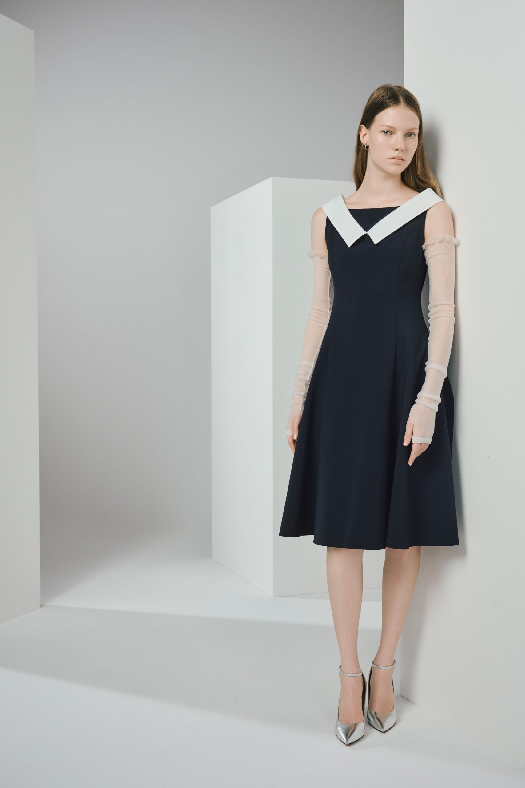 blue cotton sleeveless v-neck fitted a-line midi dress