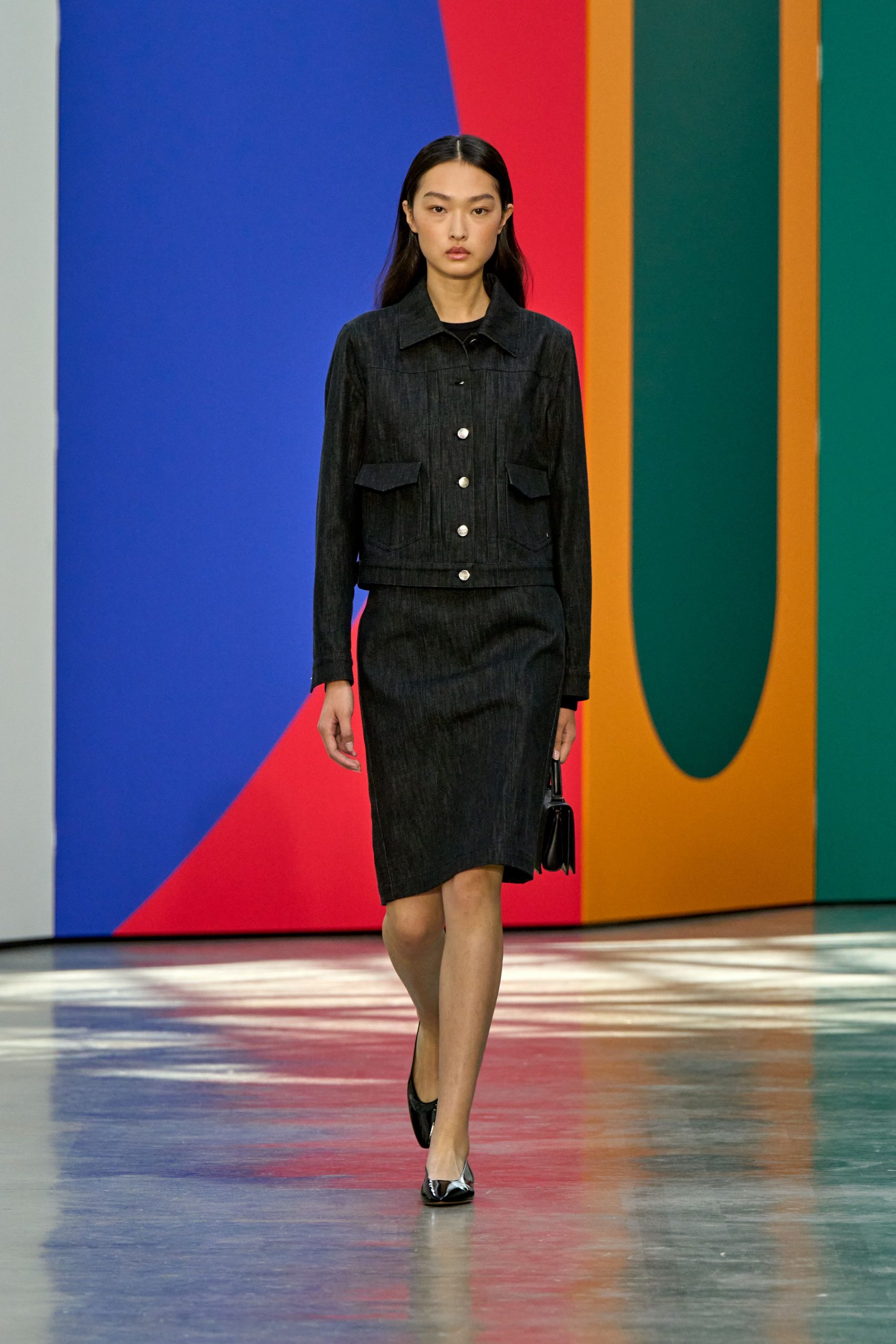 black denim jacket and pencil skirt