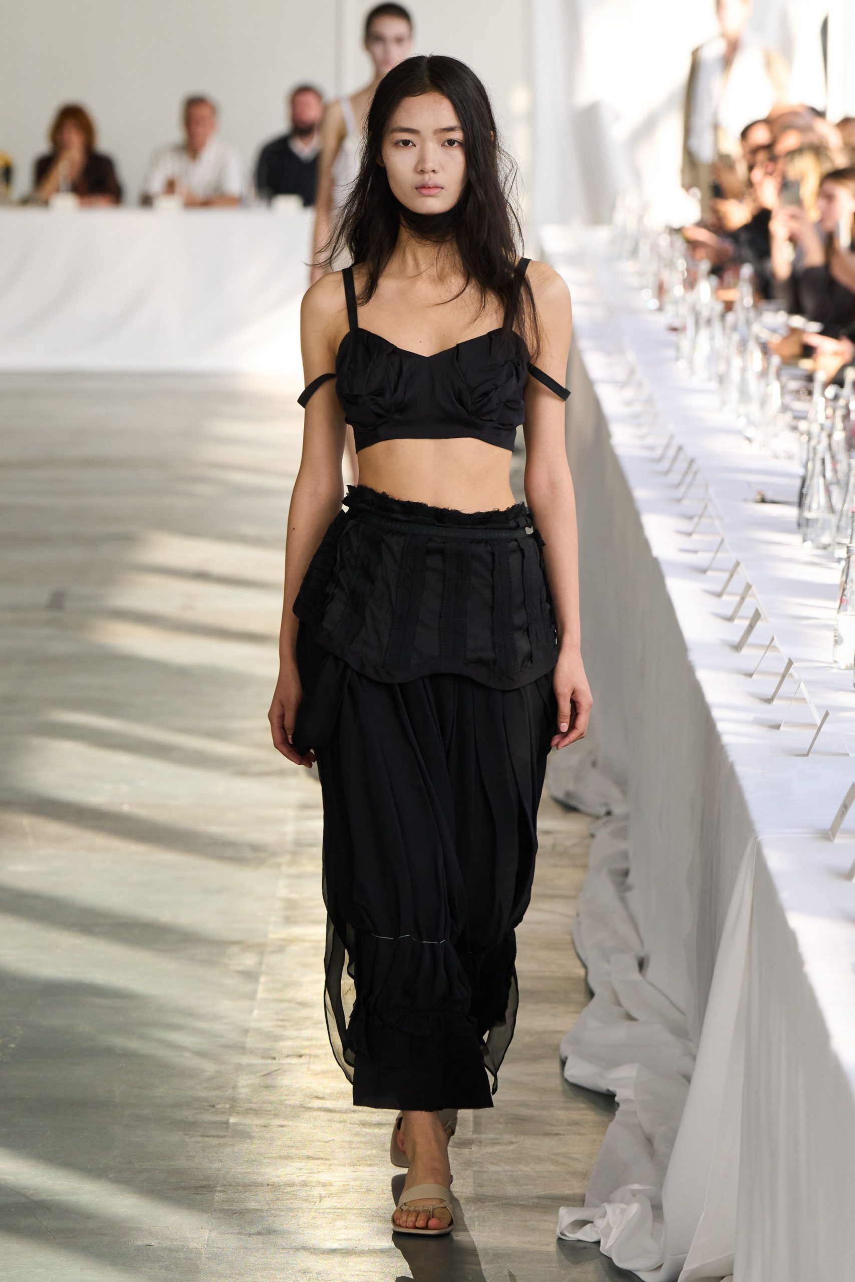 black silk sleeveless v-neck fitted ruffled cropped crop-top
