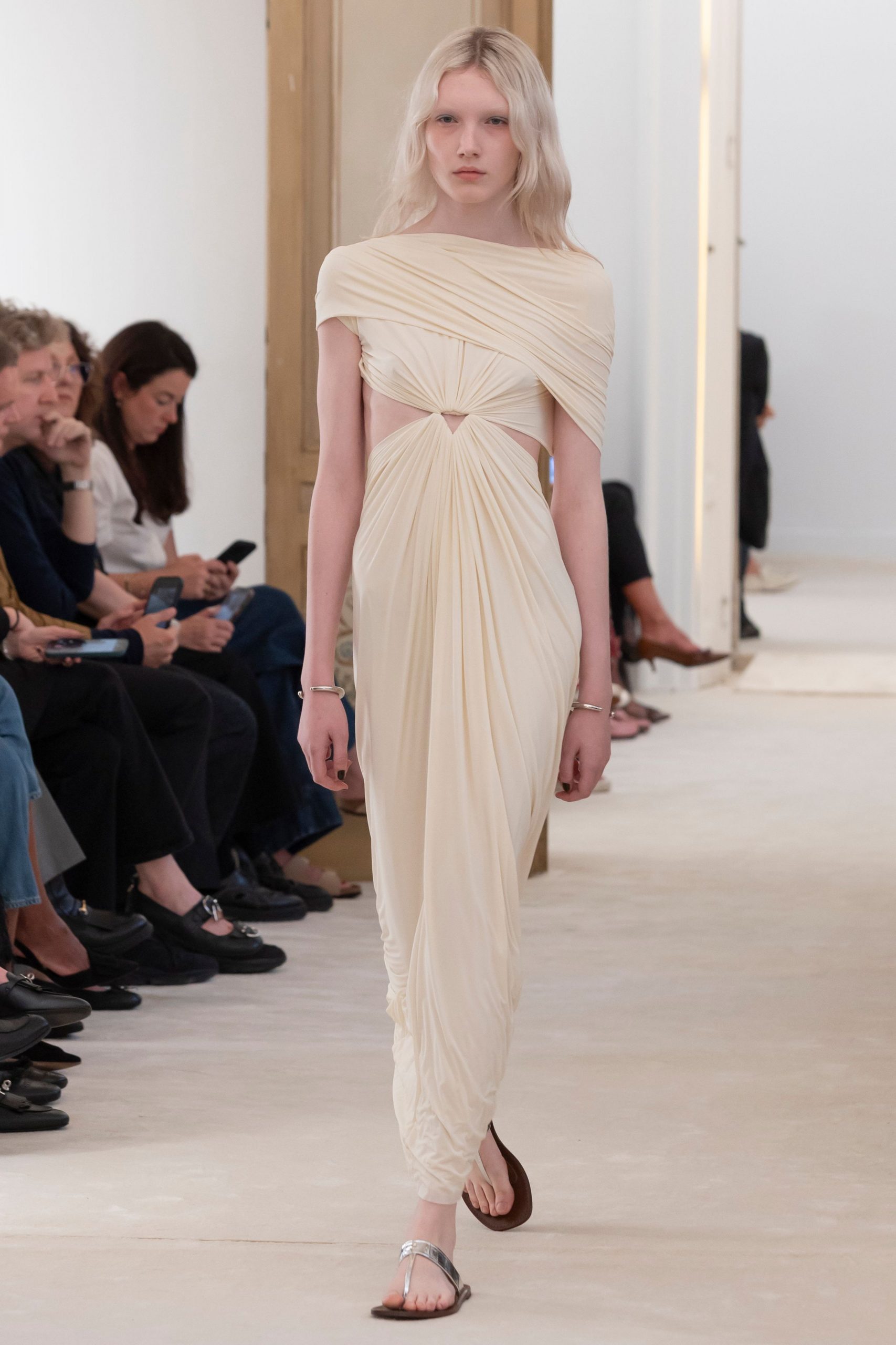 ivory silk fitted gown with cutout