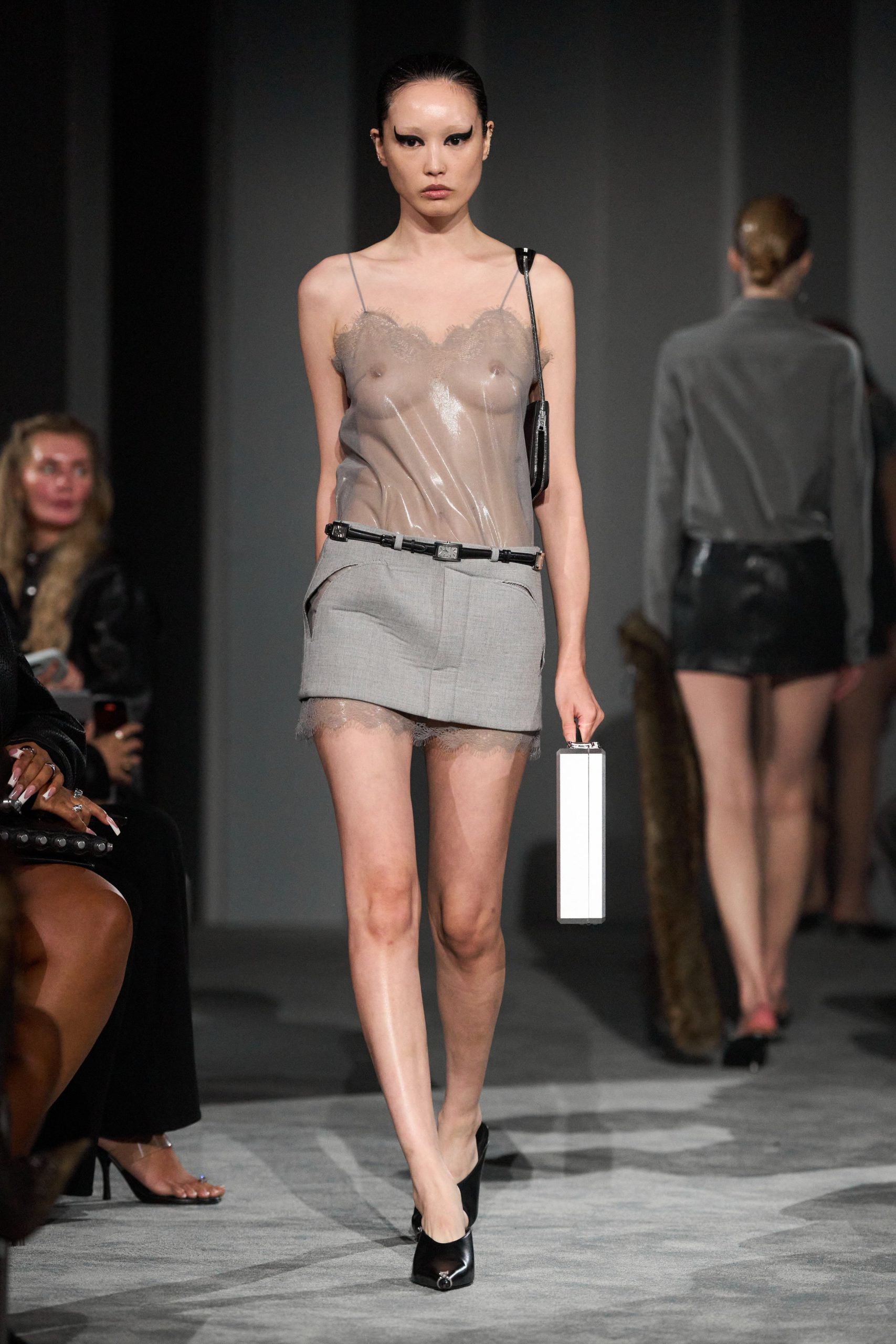 gray silk sleeveless v-neck fitted sheer flowing top