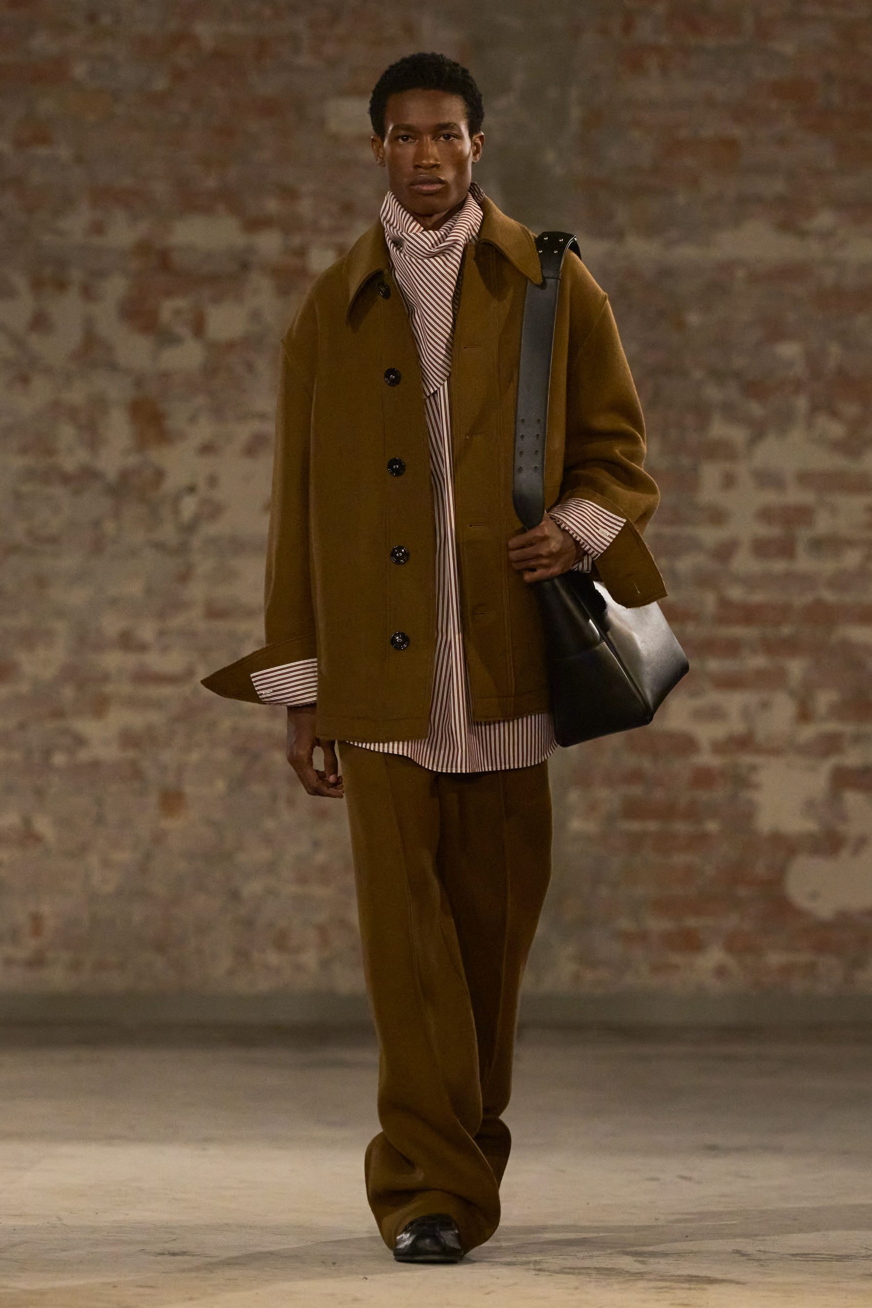 brown wool long-sleeve collared relaxed buttoned jacket