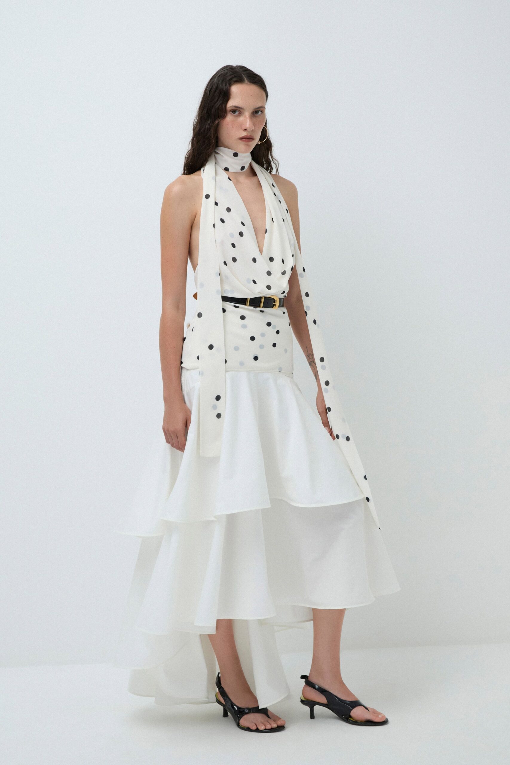 white cotton sleeveless halter fitted tiered polka-dot dress