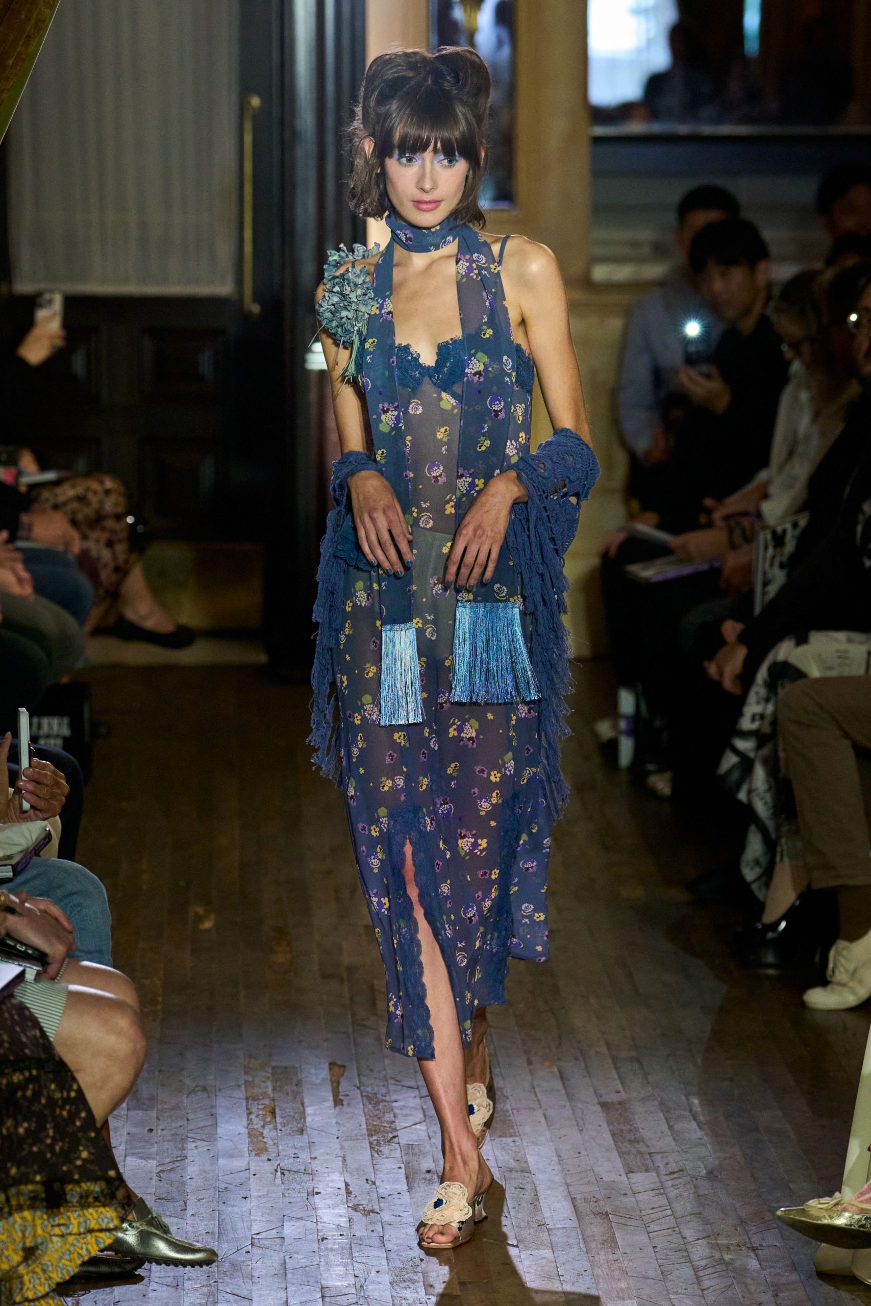 blue chiffon sleeveless v-neck fitted floral layered dress