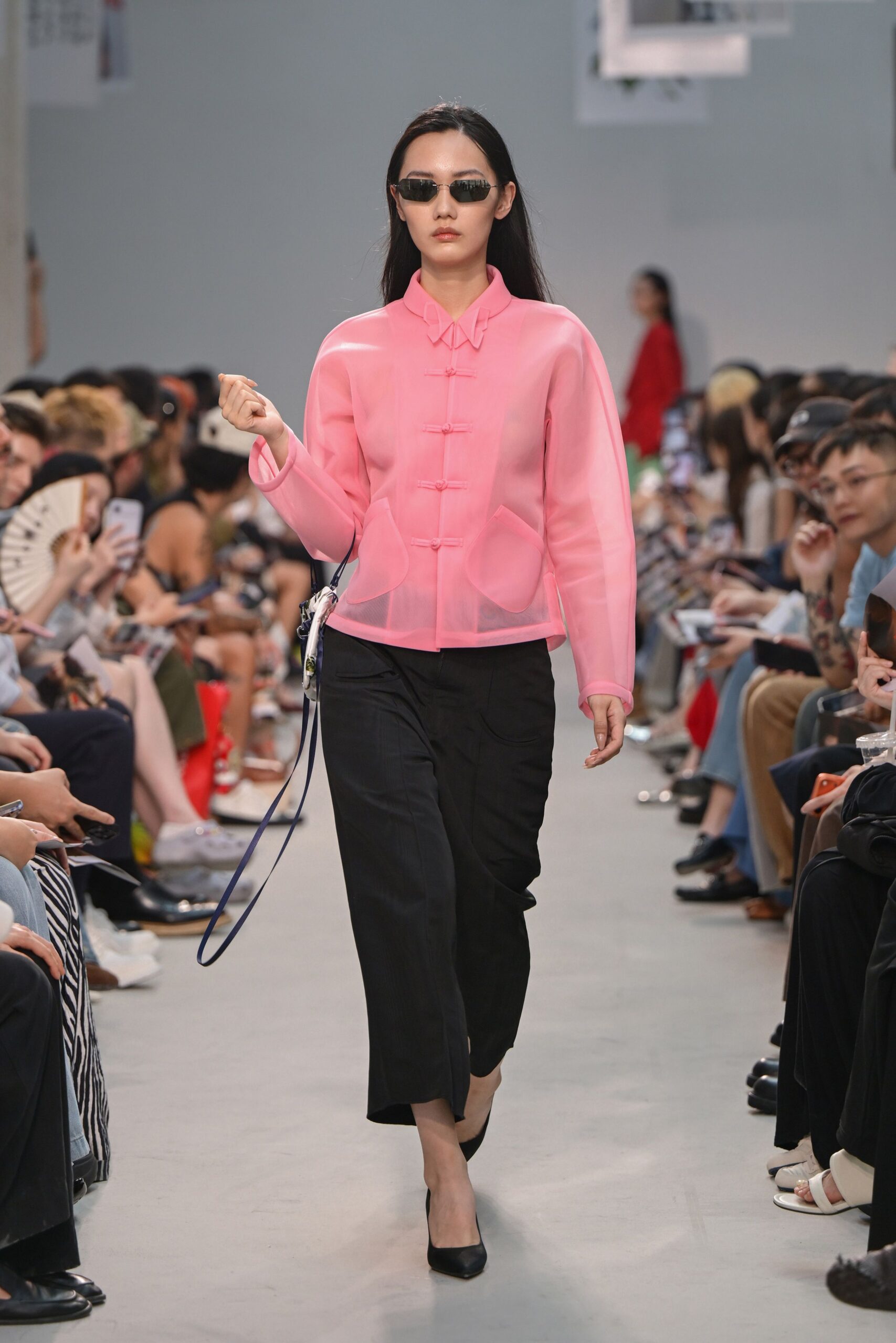 pink vinyl long-sleeve collared fitted buttoned sheer jacket