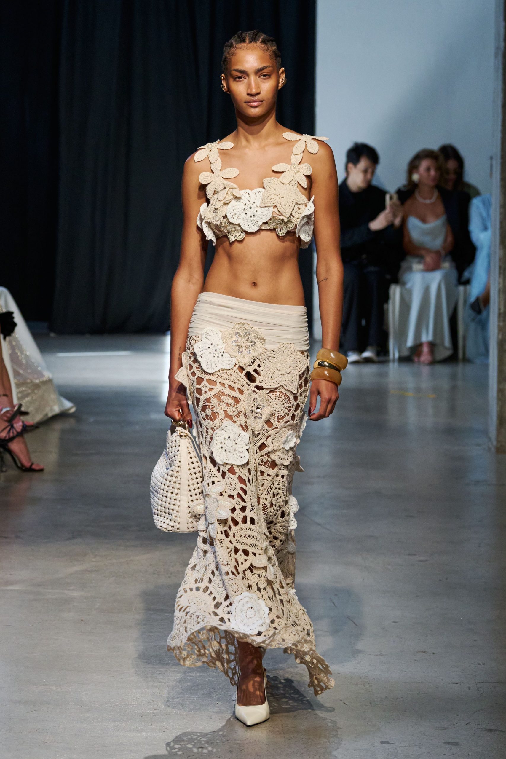 beige crochet fitted embroidered tiered maxi skirt