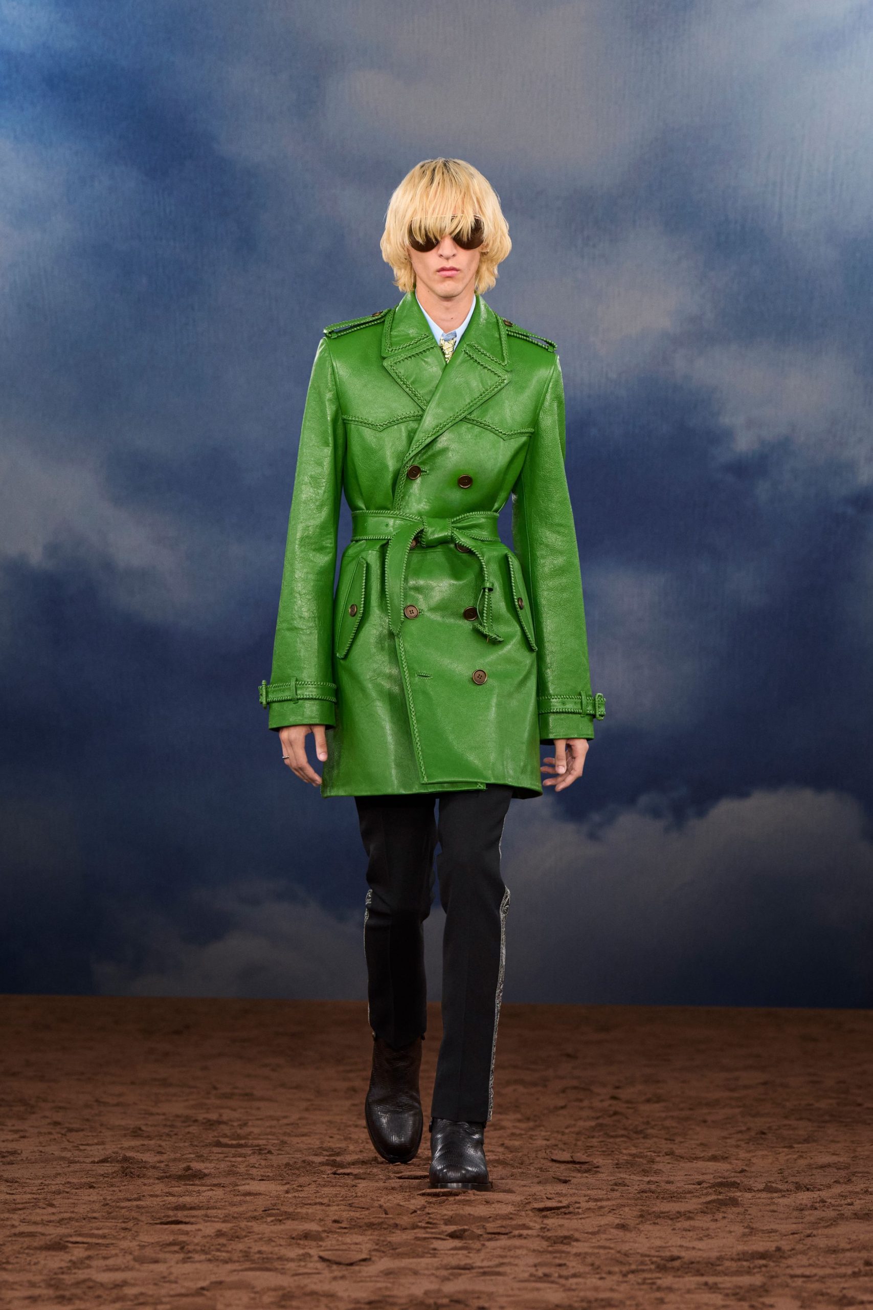 green leather long-sleeve collared fitted belted coat