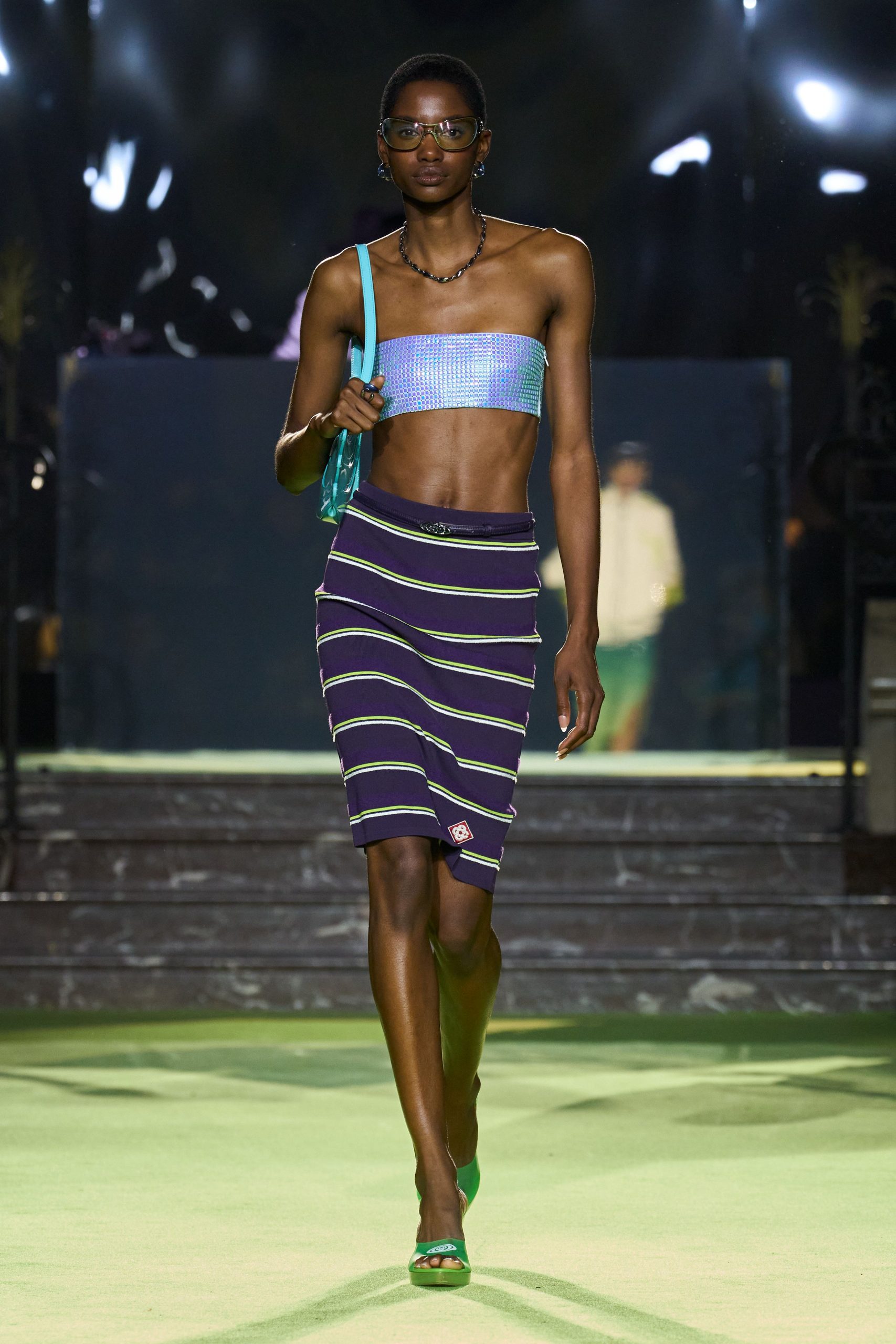 blue silk sleeveless halter fitted pleated cropped crop-top