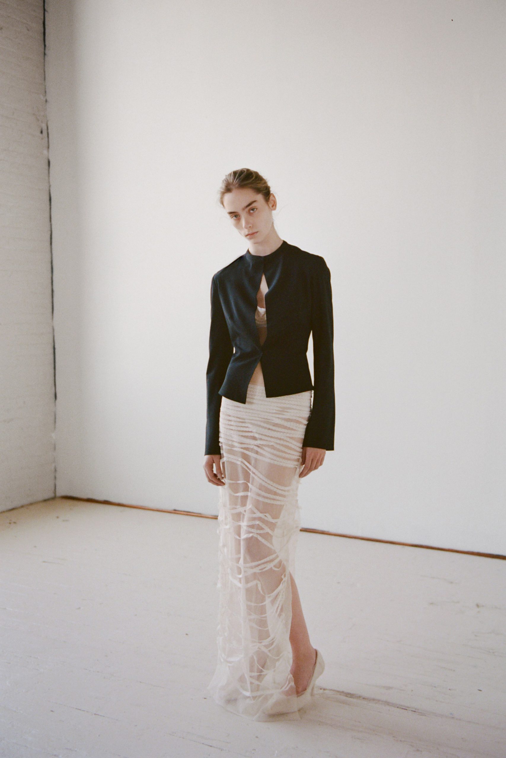 white silk fitted high-waisted layered sheer midi skirt