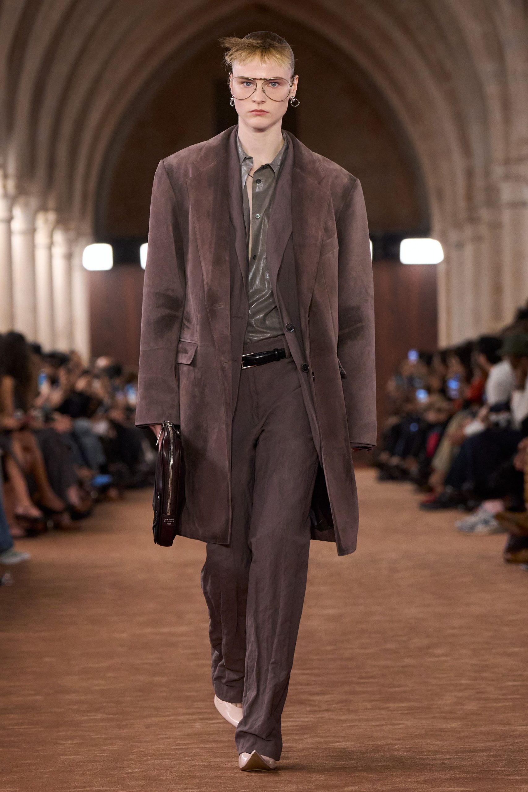 brown tailored suit with gray shirt