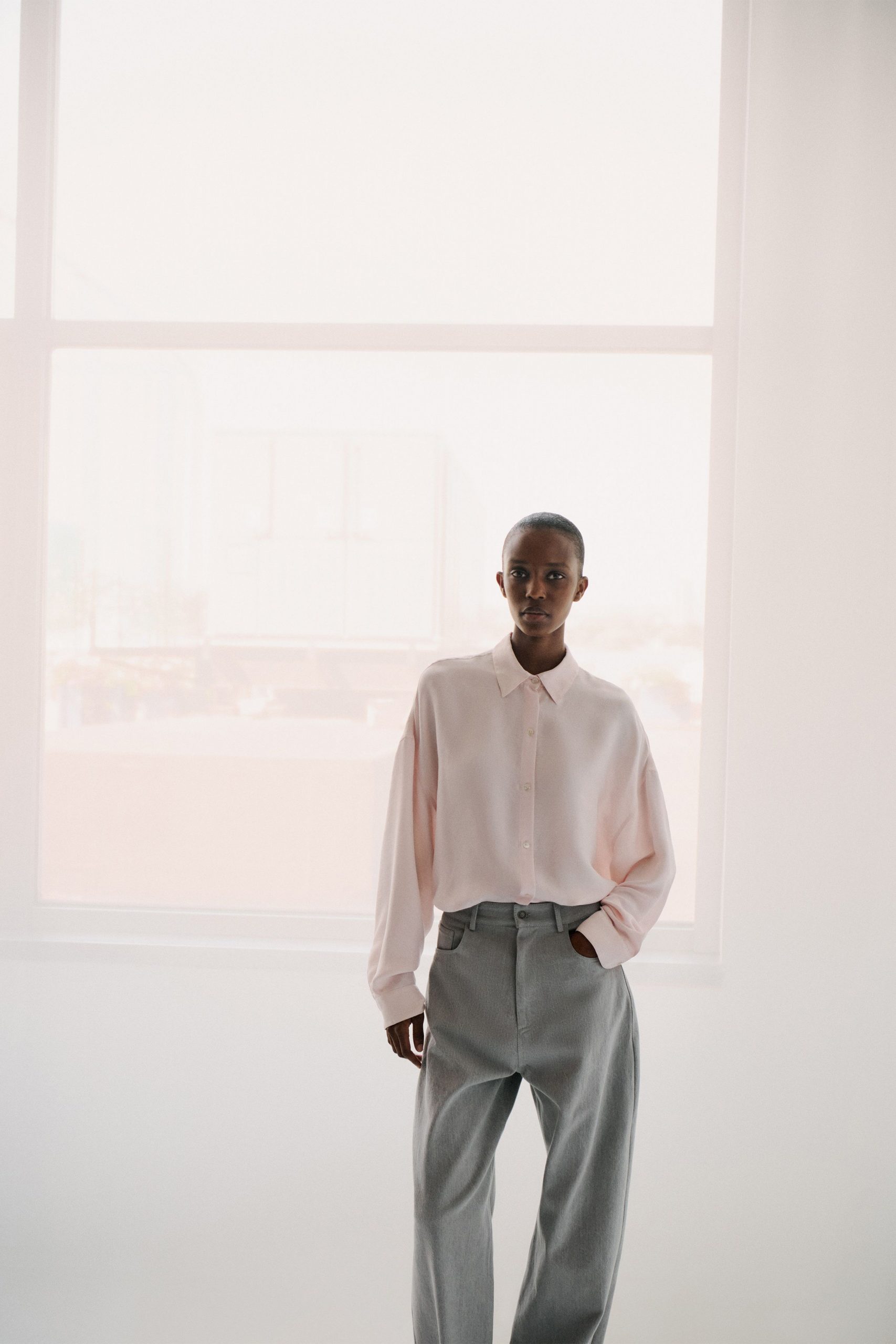 pink long-sleeve collared relaxed shirt