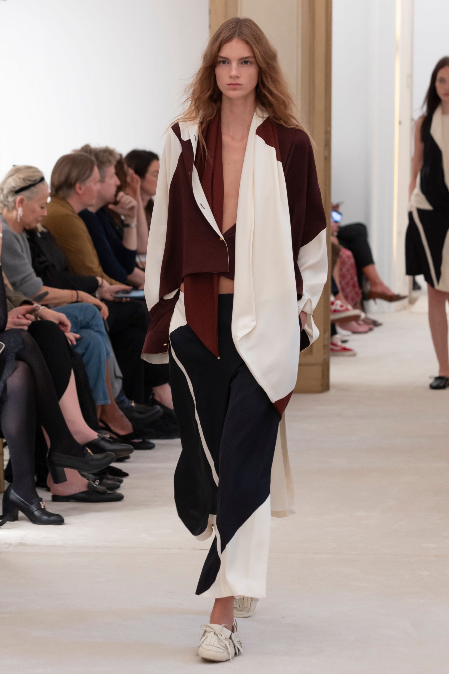 maroon and white relaxed blazer with wide-leg pants
