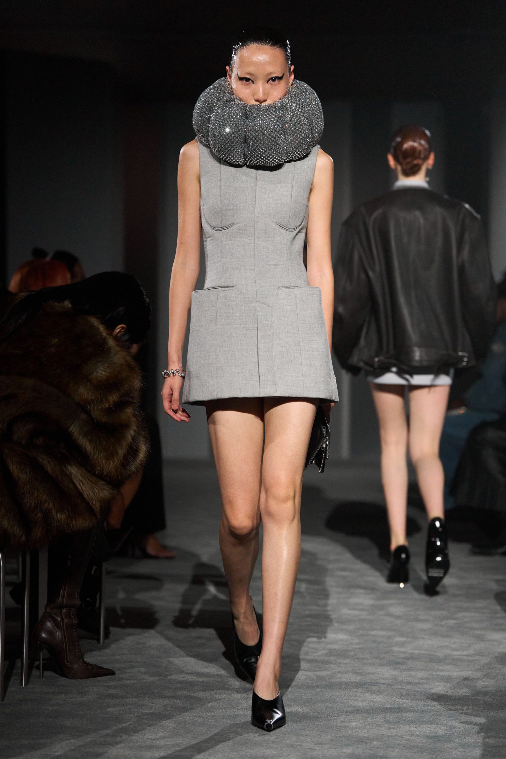 gray cotton sleeveless collared fitted pleated mini dress