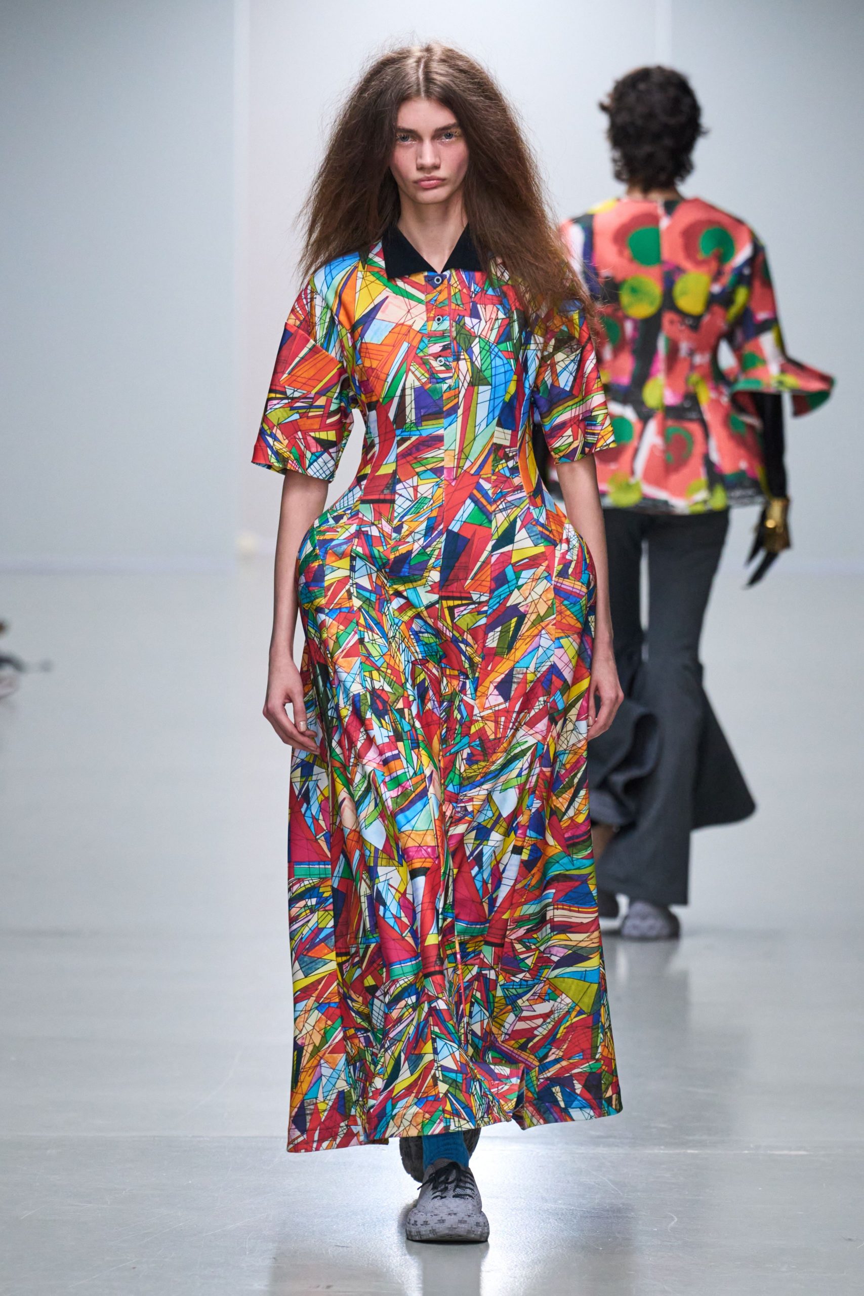 multi short-sleeve collared fitted printed maxi dress
