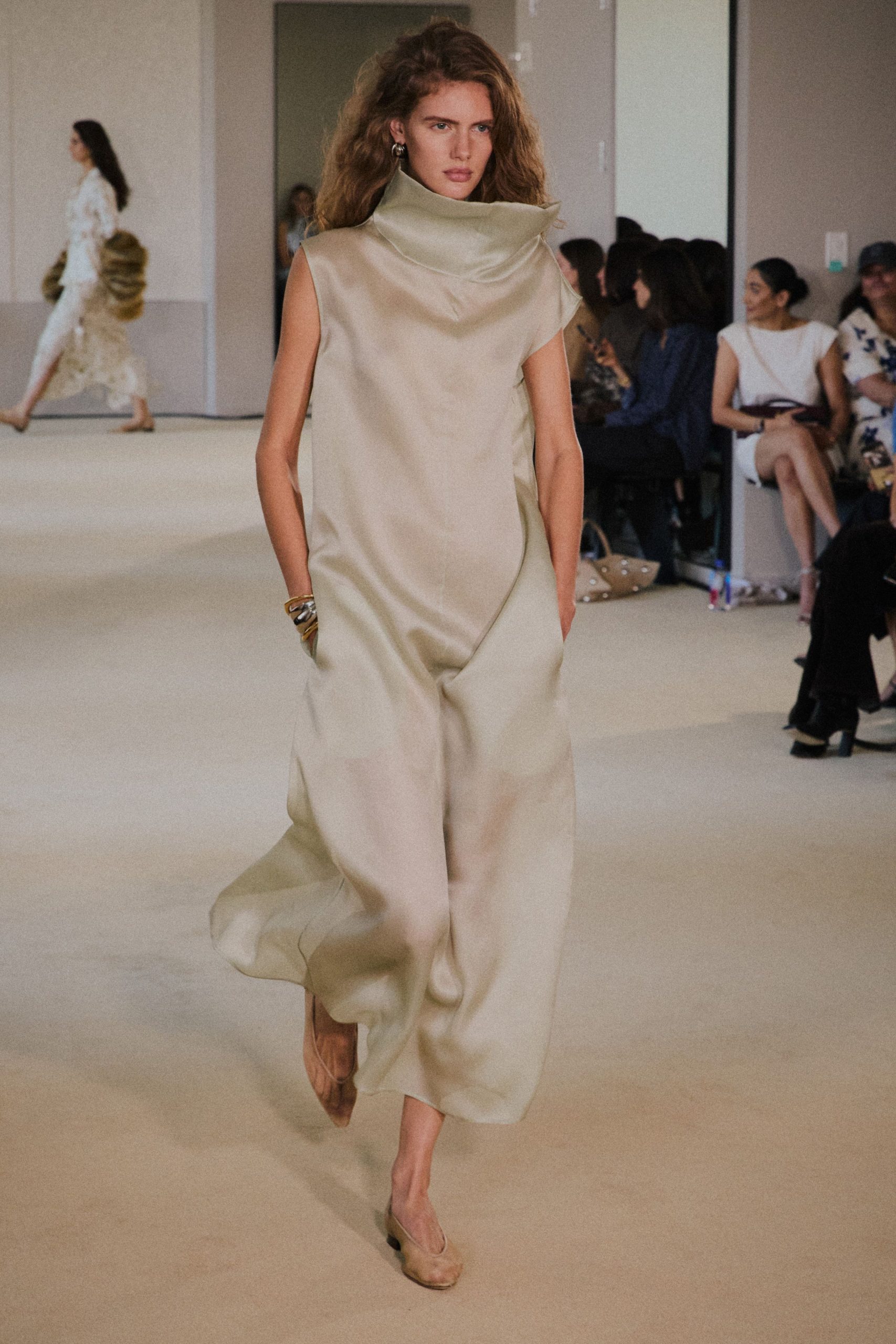 beige silk sleeveless high-neck relaxed flowing sheer dress