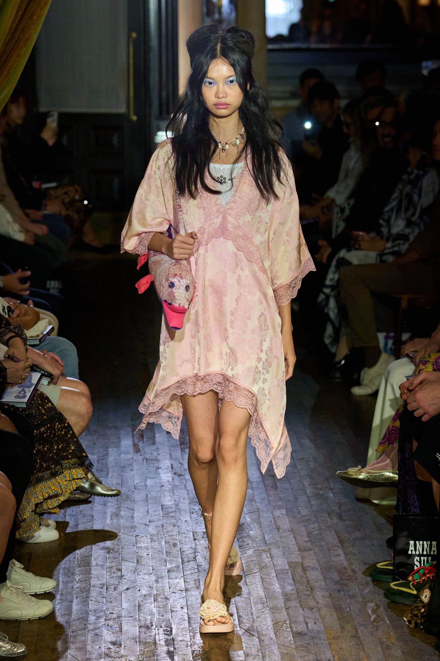 pink lace short-sleeve v-neck relaxed embroidered tiered dress