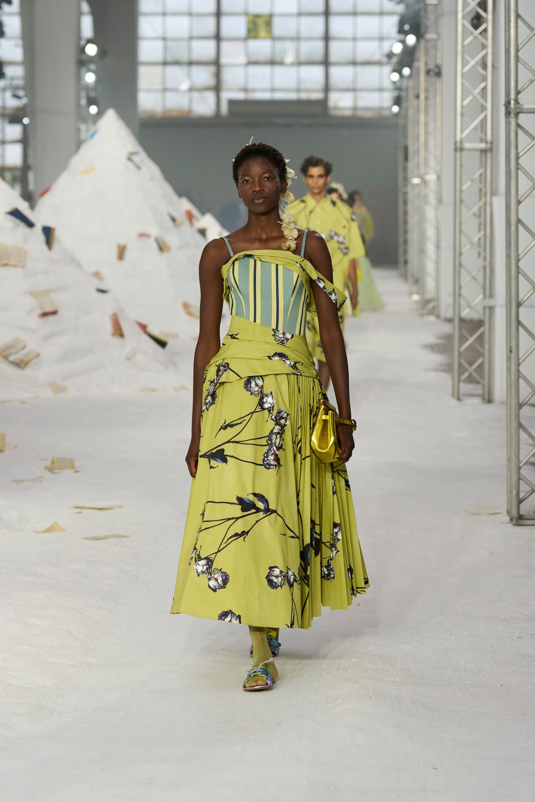 yellow green floral midi dress