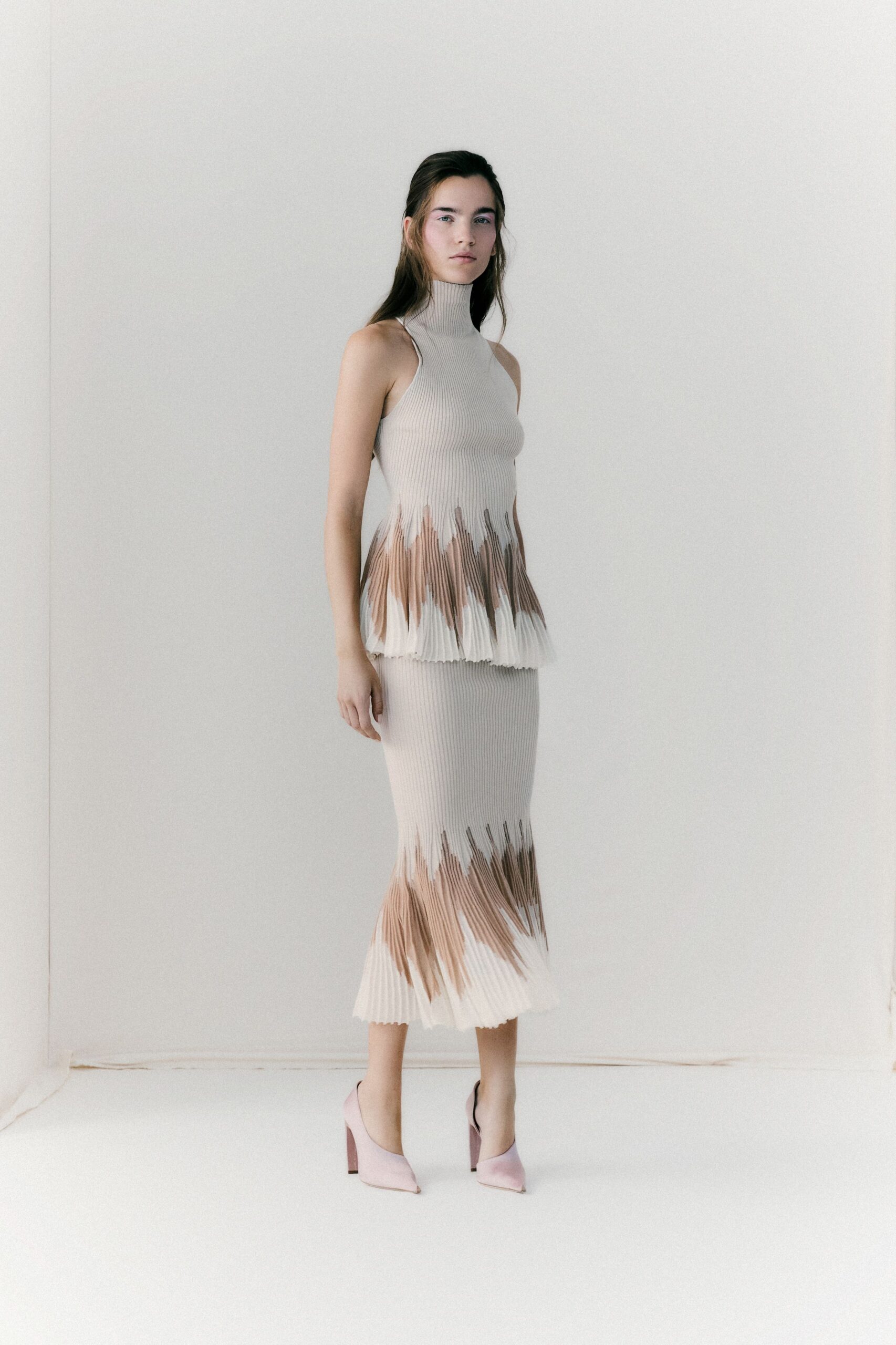 beige knit fitted pleated midi skirt