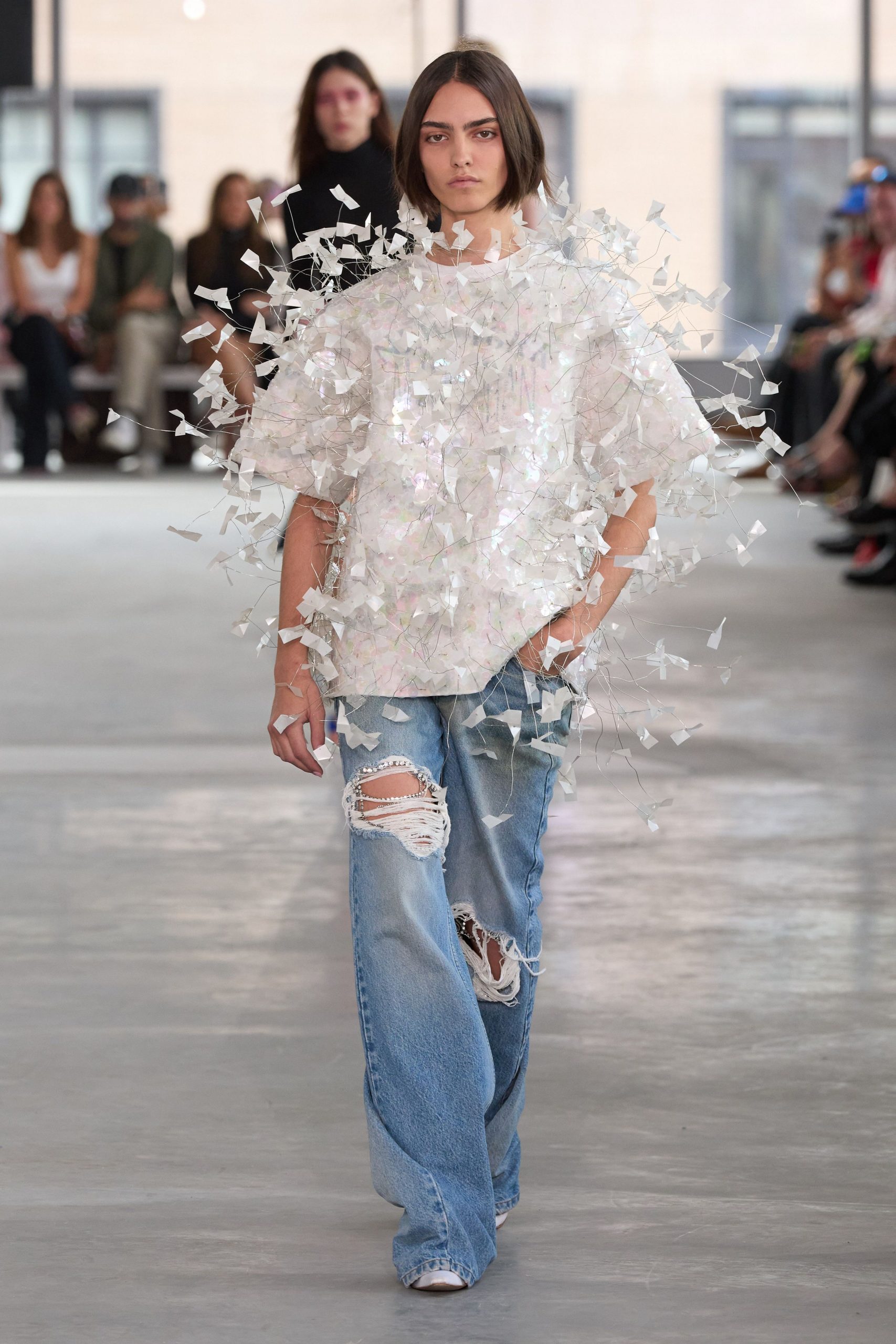 white silk short-sleeve collared relaxed embellished shiny top
