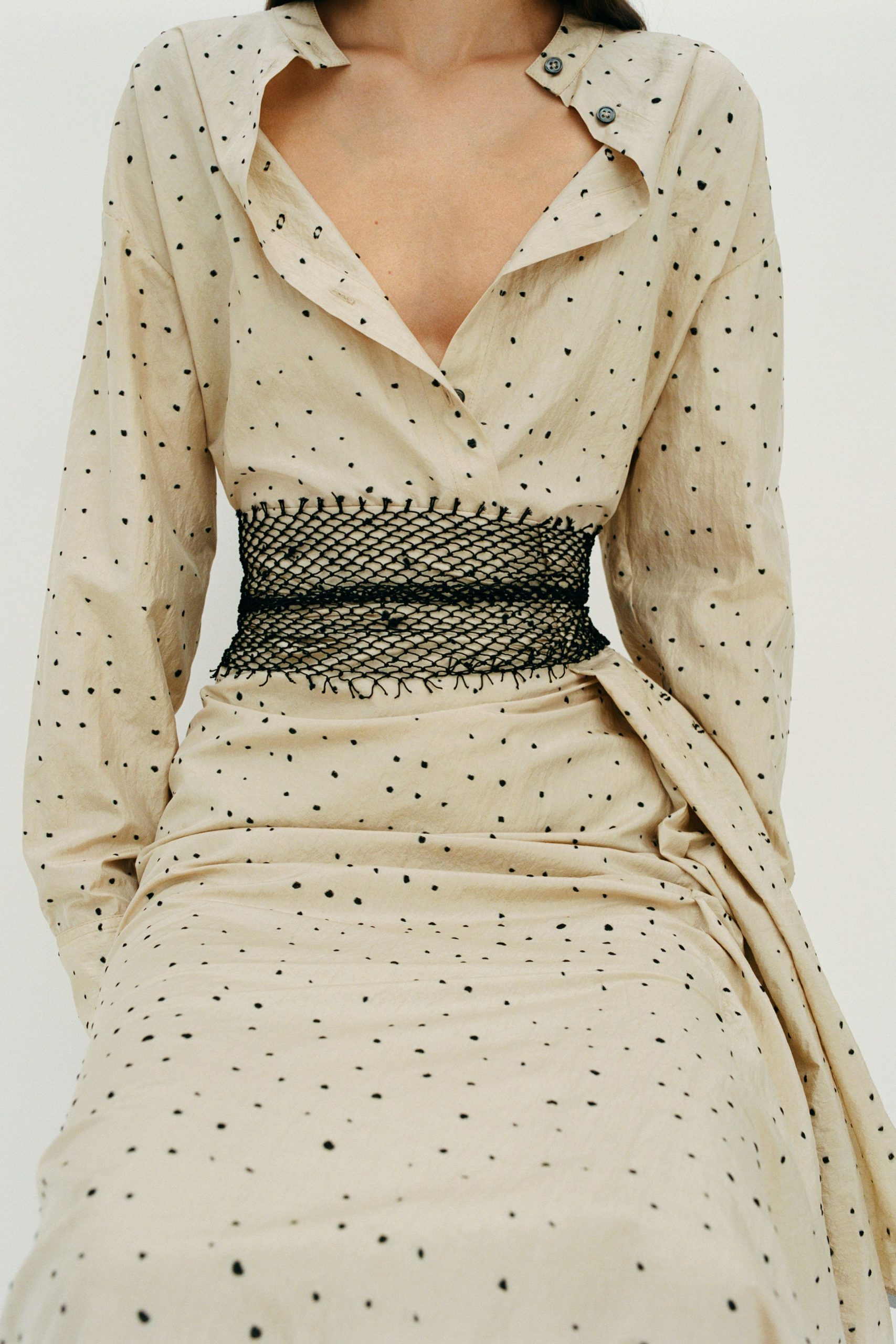 beige cotton long-sleeve v-neck fitted polka-dot buttoned dress