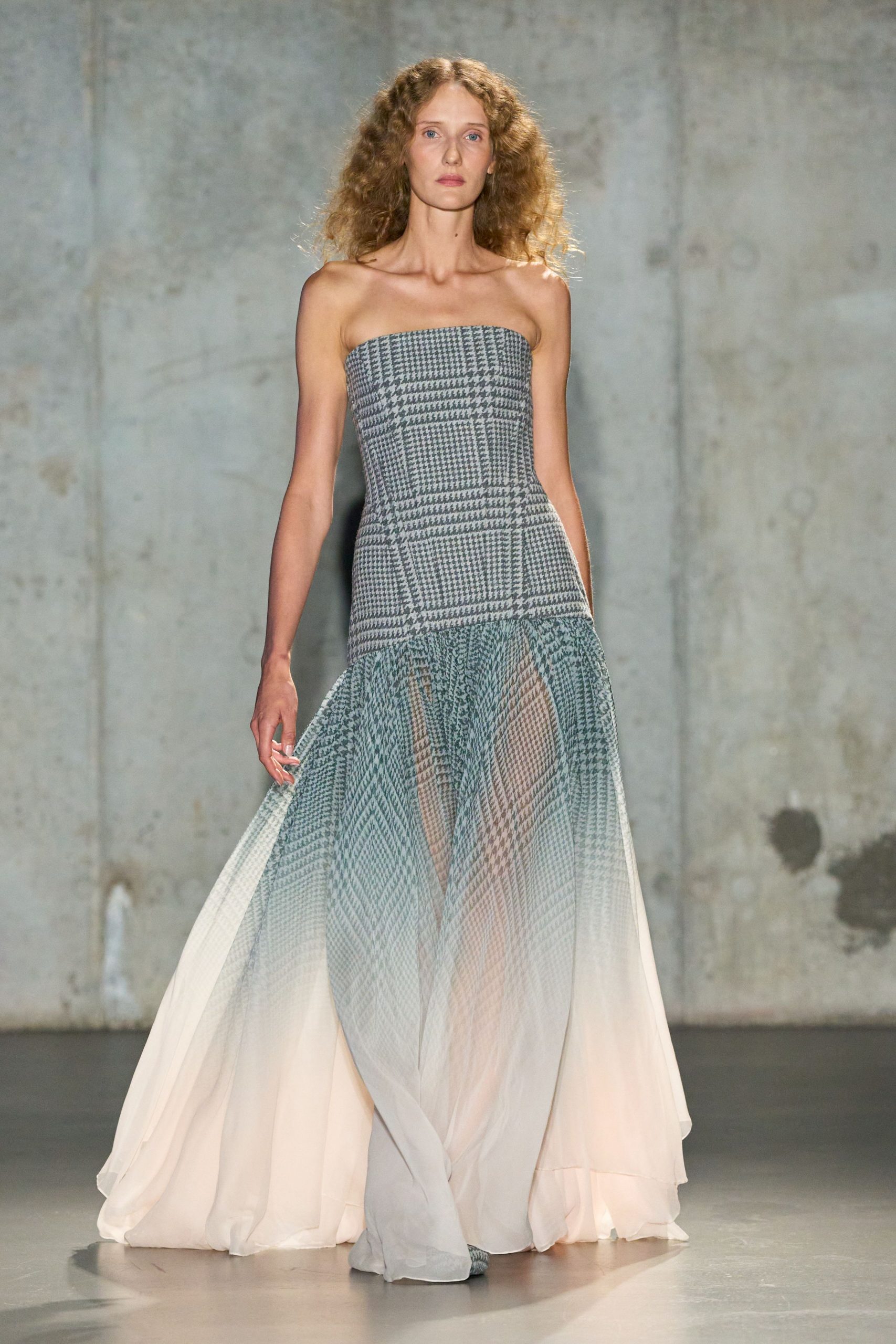 blue and white strapless gown